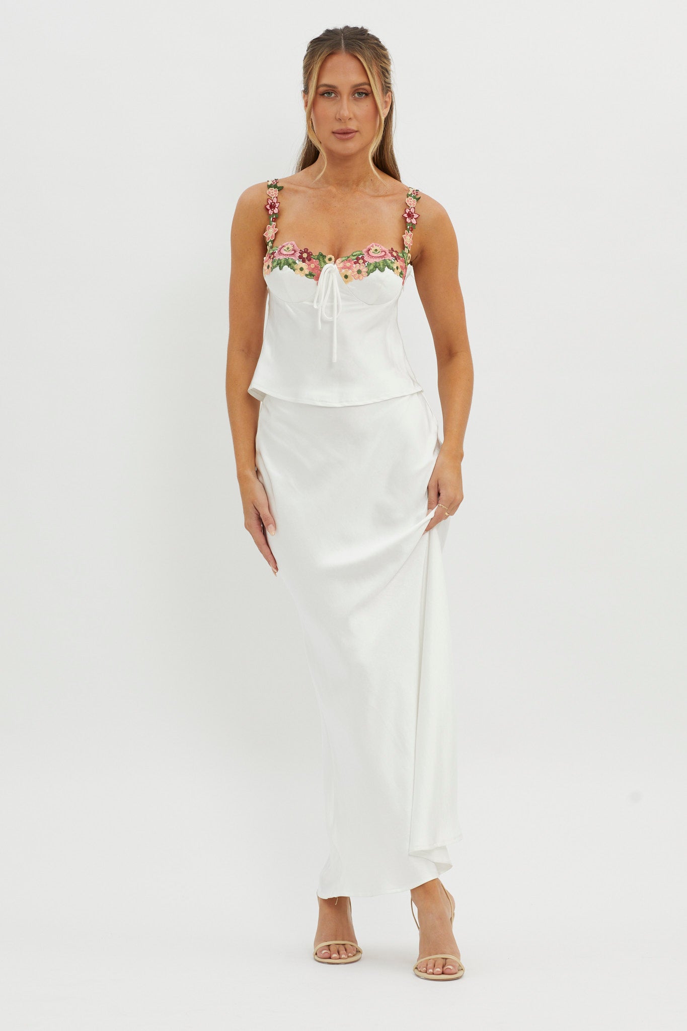 Rose Garden Satin Maxi Skirt White by Selfie Leslie Australia