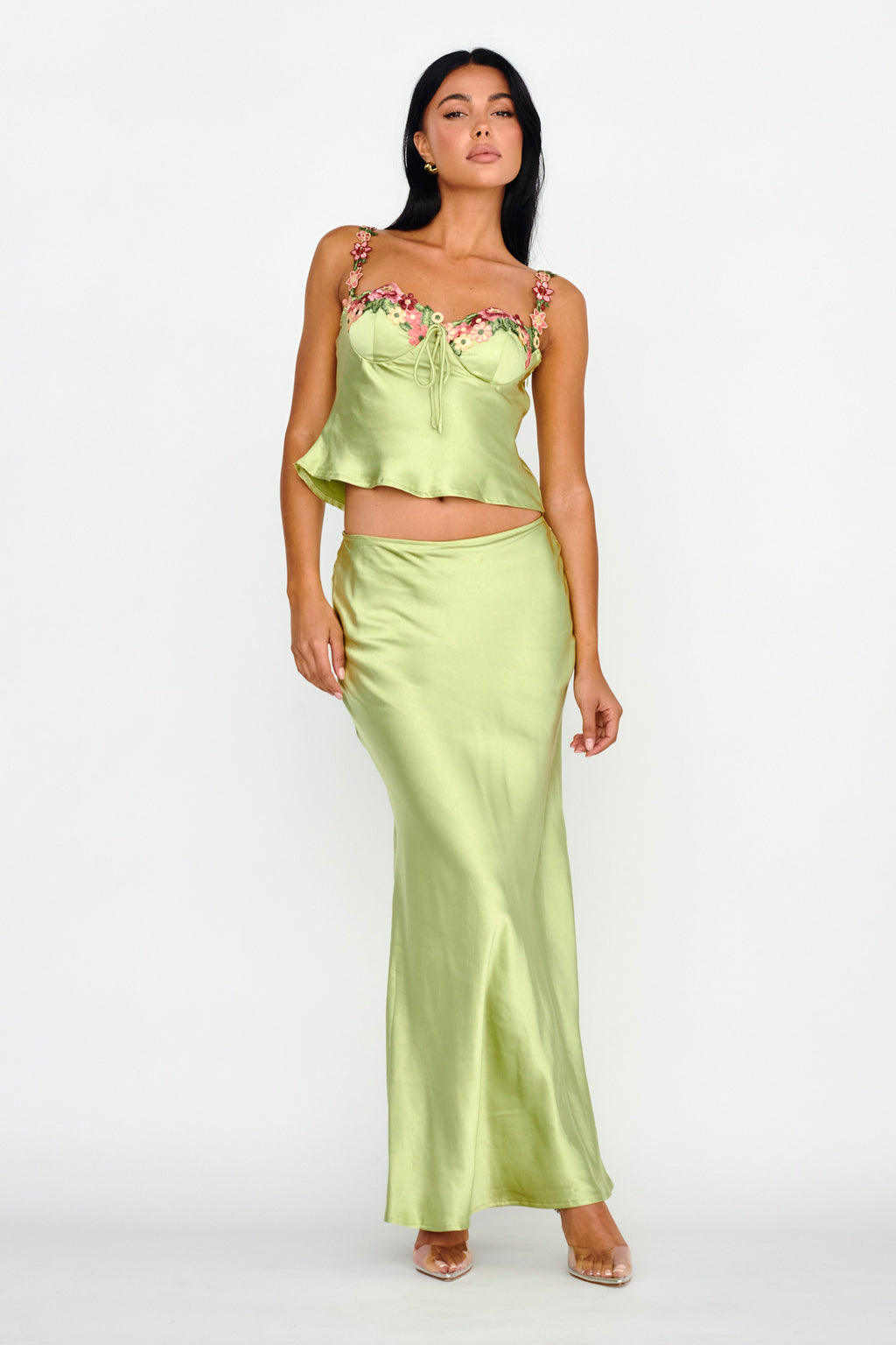 Rose Garden Satin Maxi Skirt Lime by Selfie Leslie Australia