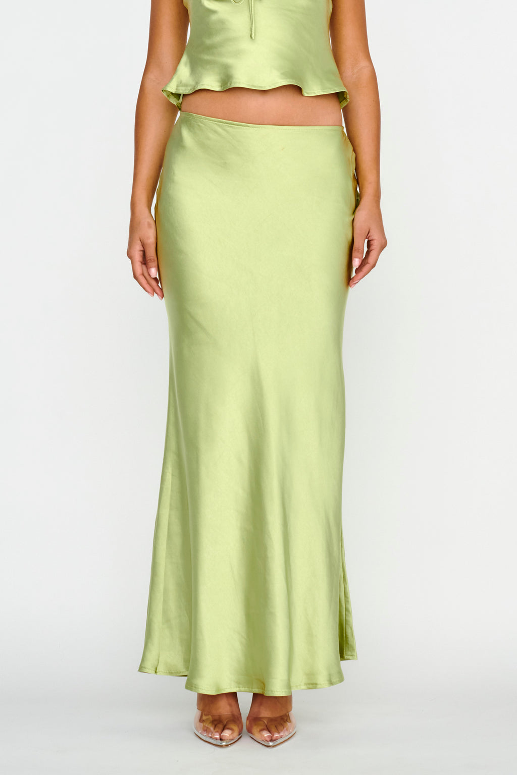 Rose Garden Satin Maxi Skirt Lime by Selfie Leslie Australia