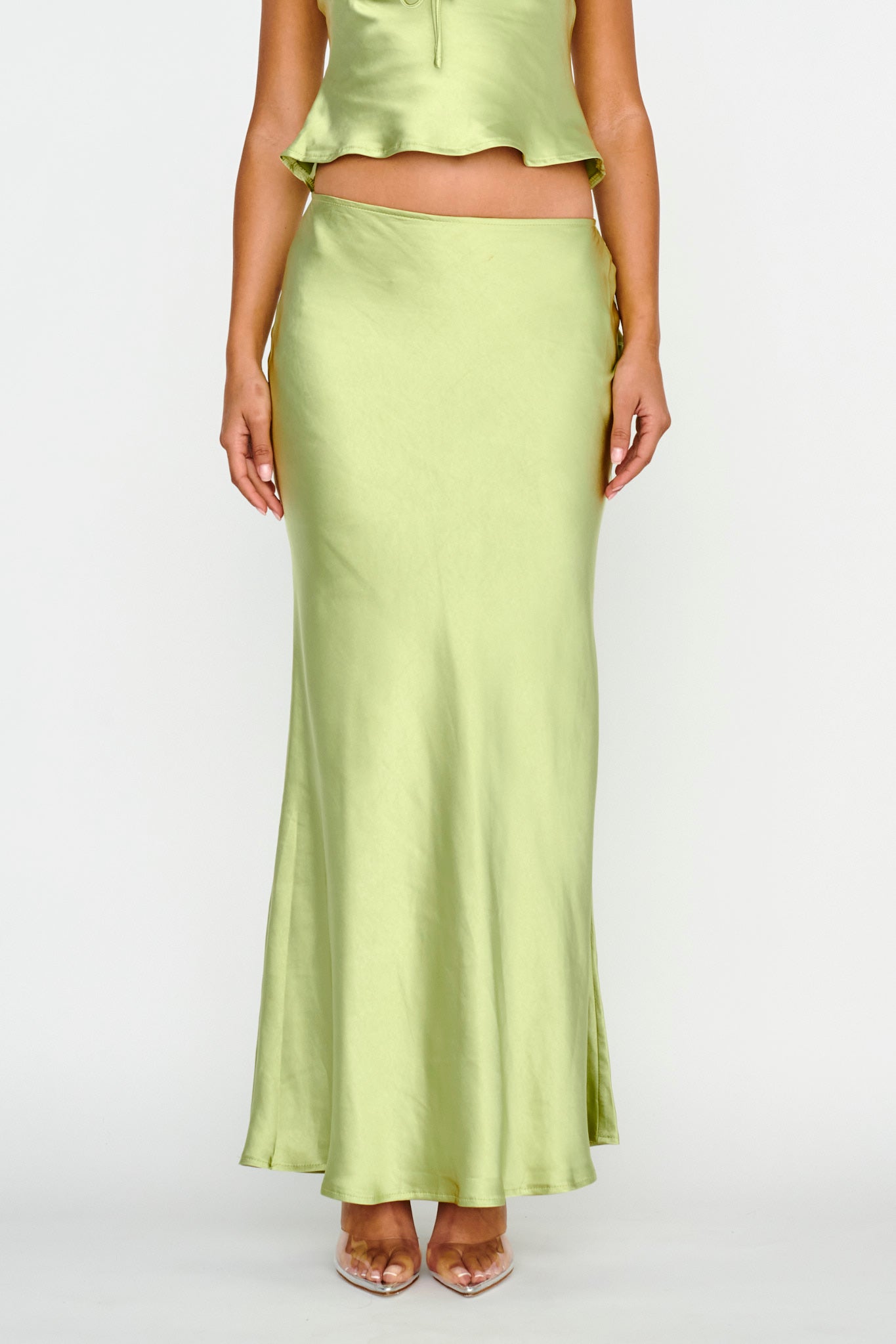 Rose Garden Satin Maxi Skirt Lime by Selfie Leslie Australia