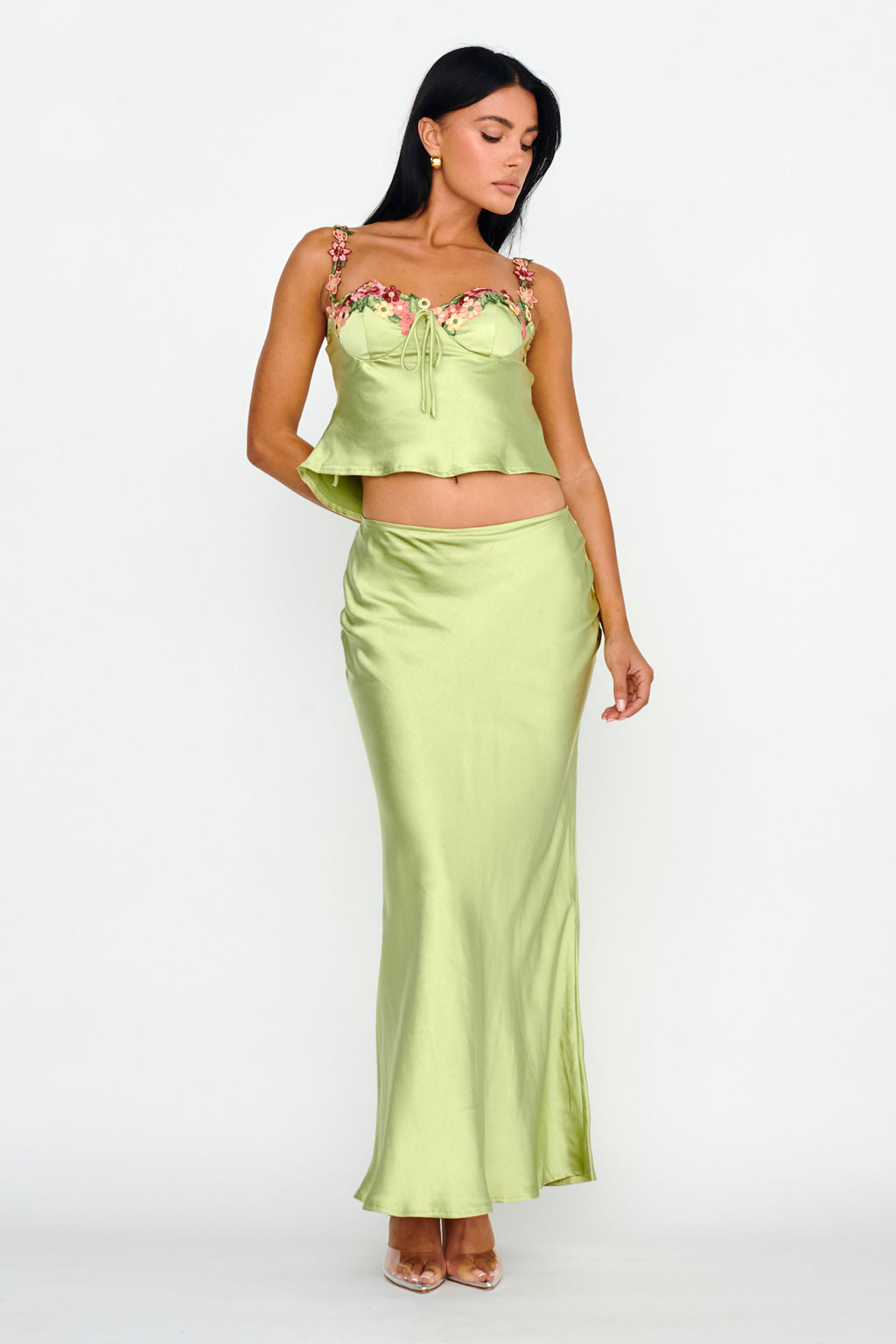 Rose Garden Satin Maxi Skirt Lime by Selfie Leslie Australia