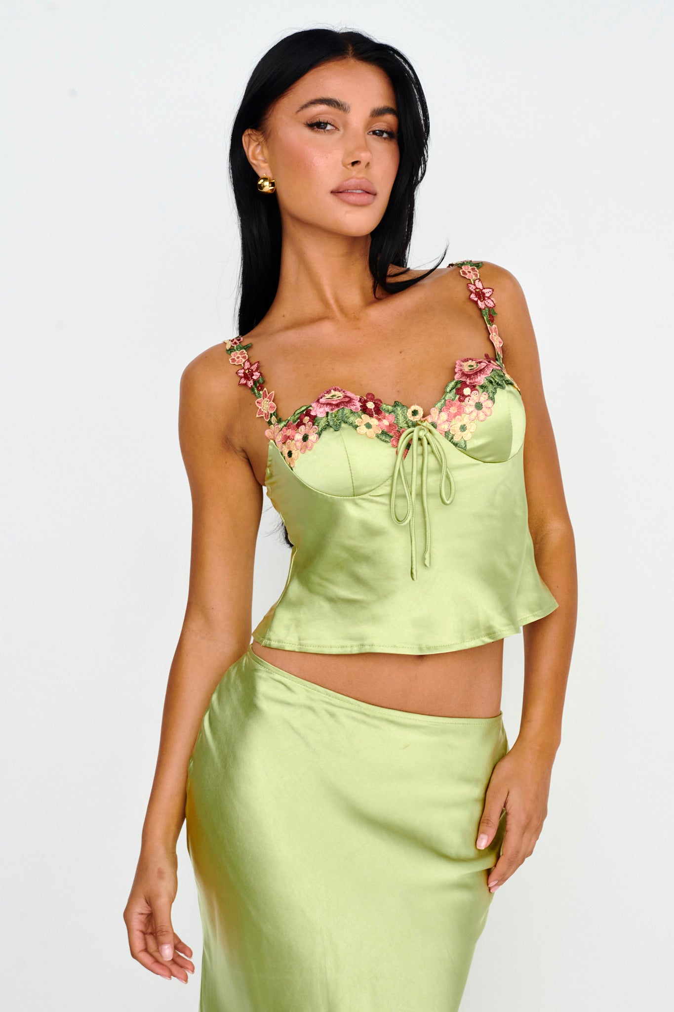Rose Garden Floral Applique Cami Top Lime by Selfie Leslie Australia