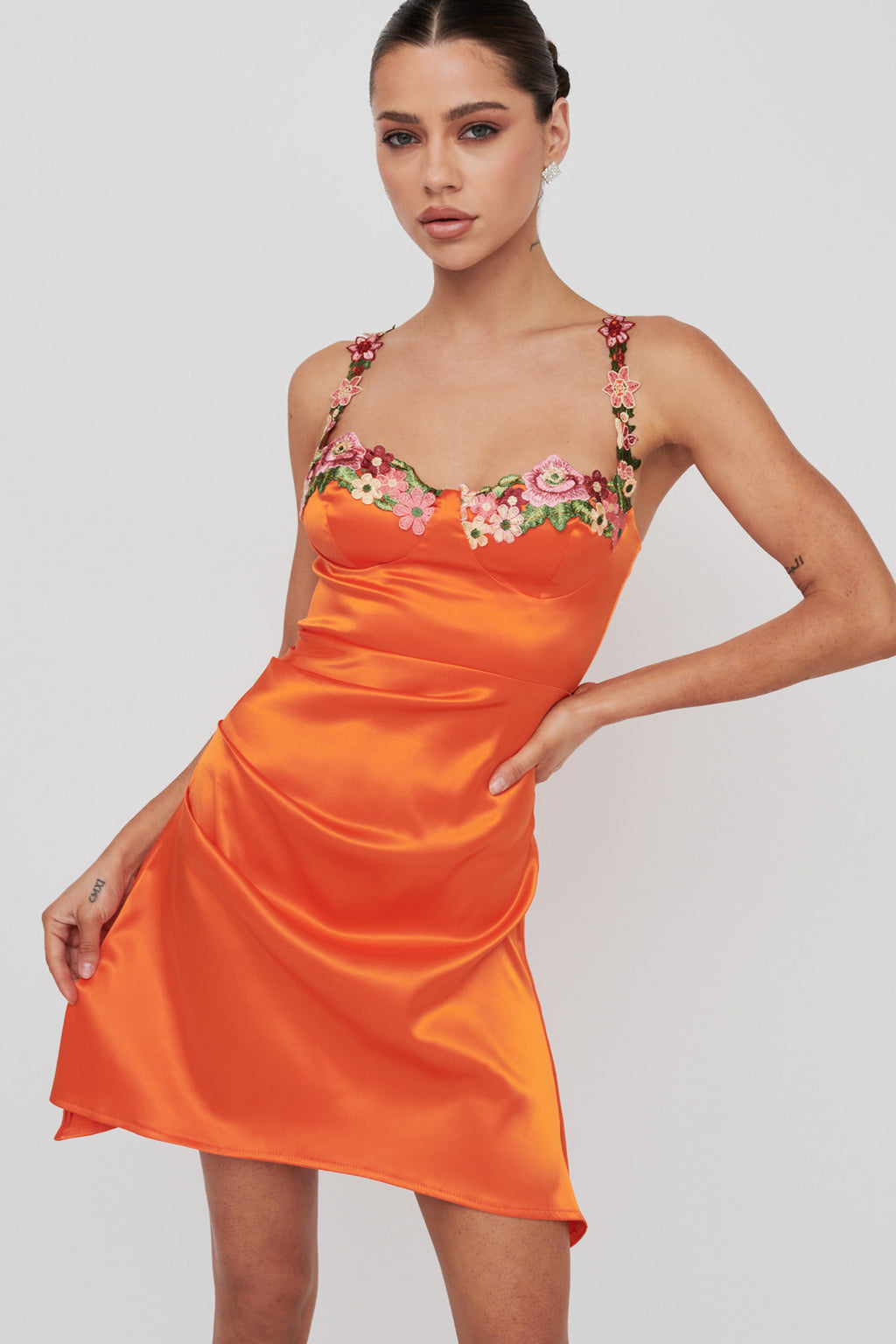 Rose Garden Floral Applique Pleat Mini Dress Orange by Selfie Leslie Australia