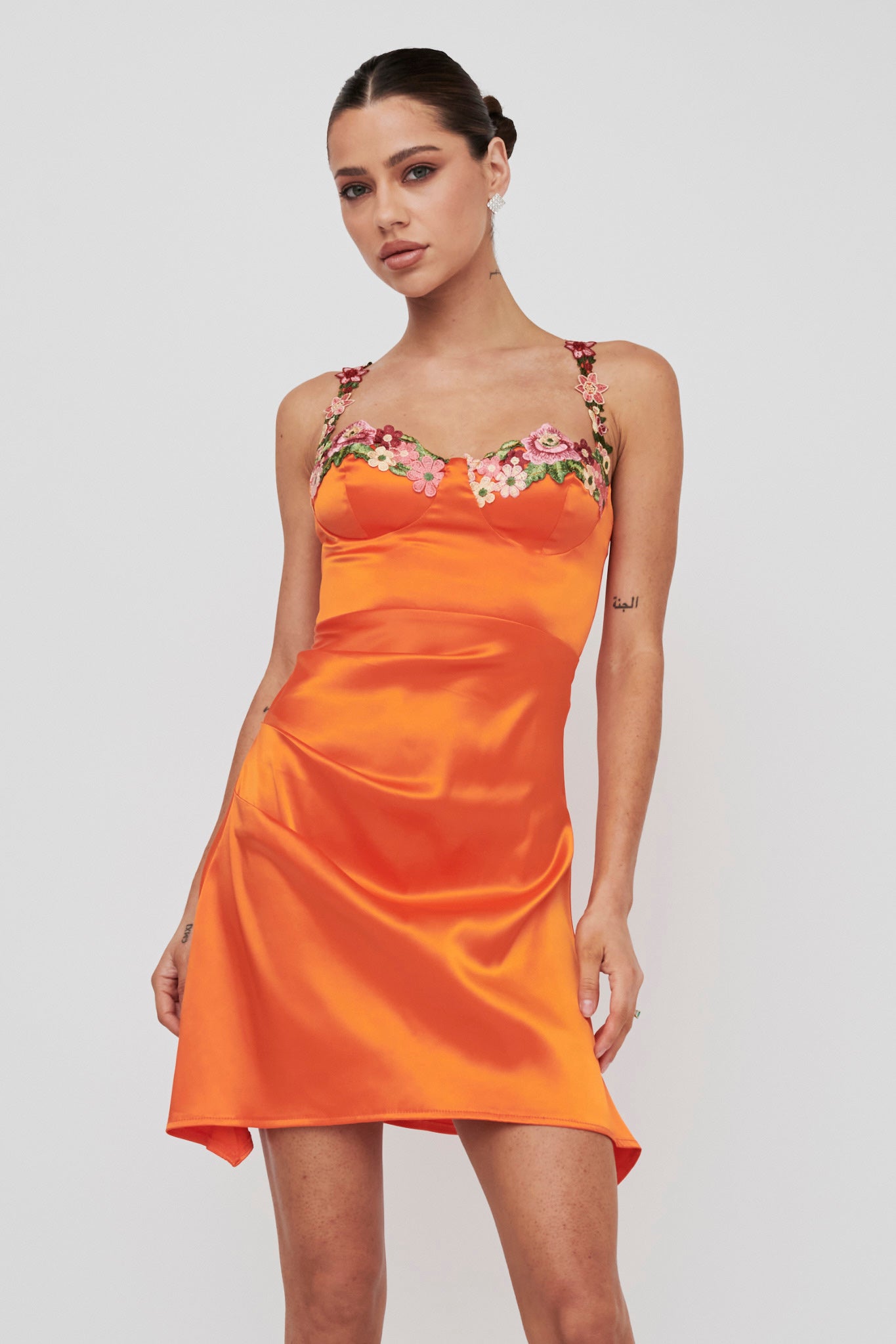 Rose Garden Floral Applique Pleat Mini Dress Orange by Selfie Leslie Australia