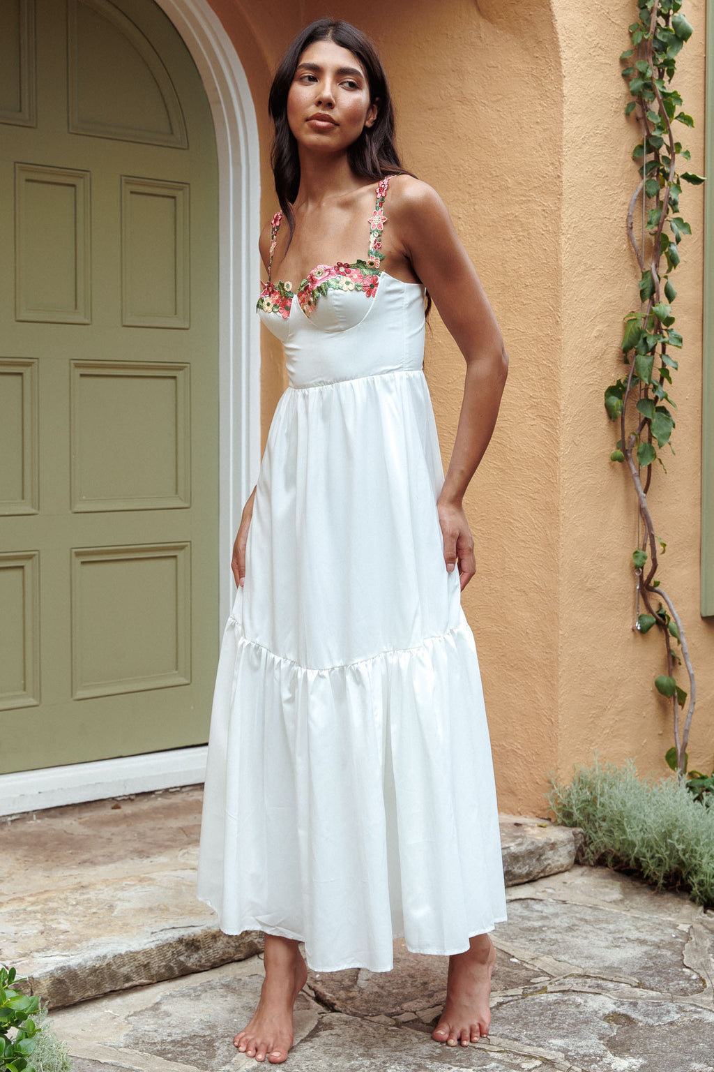 Rose Garden Floral Applique A-Line Midi Dress White by Selfie Leslie Australia