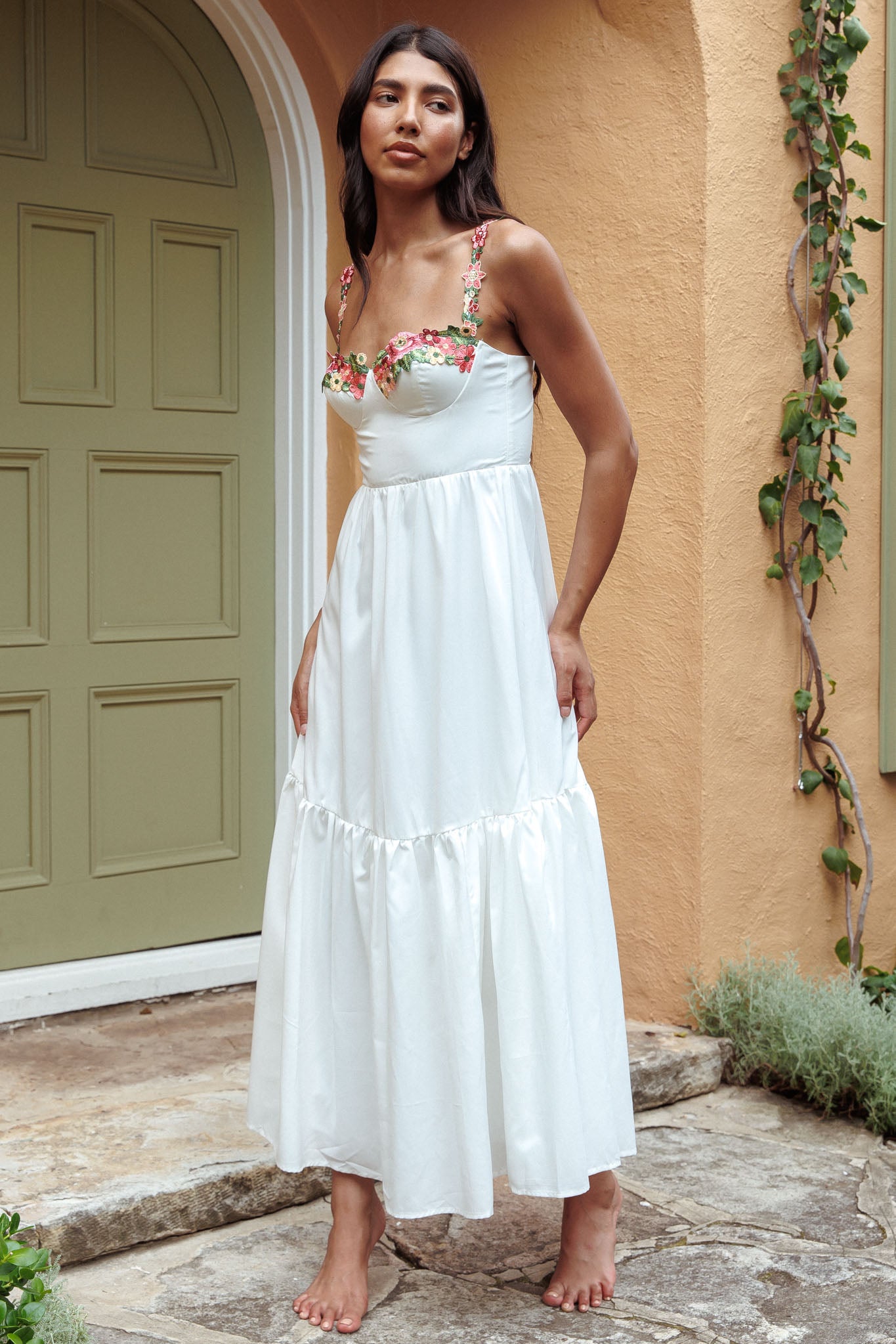 Rose Garden Floral Applique A-Line Midi Dress White by Selfie Leslie Australia