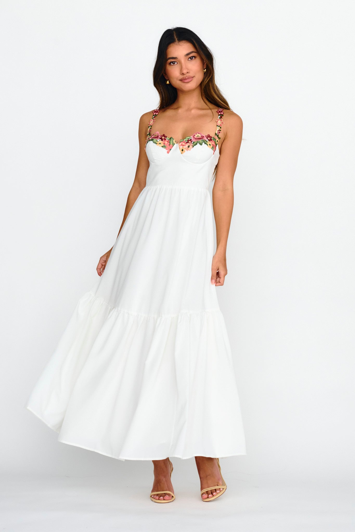 knee length dresses for ladies Rose Garden Floral Applique A-Line Midi Dress White