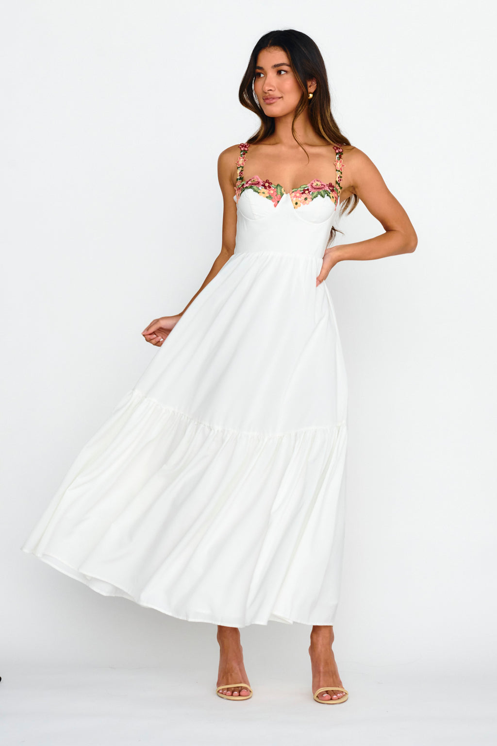 Rose Garden Floral Applique A-Line Midi Dress White by Selfie Leslie Australia