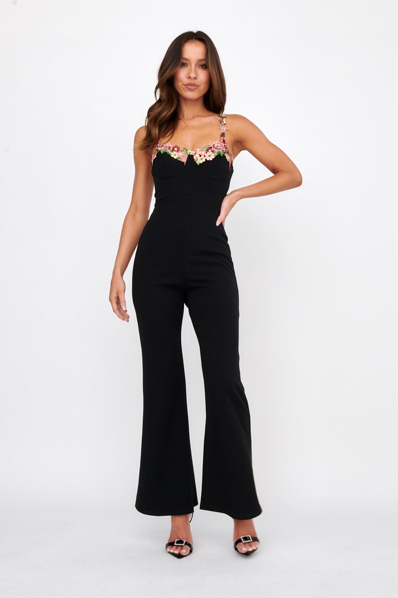 Rose Garden Floral Applique Jumpsuit Black by Selfie Leslie Australia