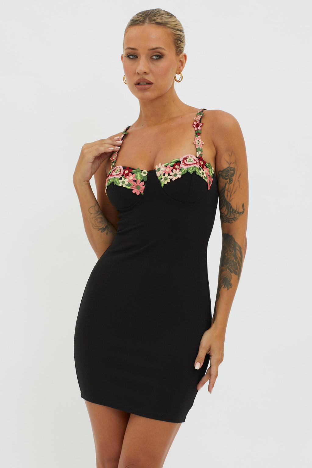 Rose Garden Floral Applique Bodycon Mini Dress Black by Selfie Leslie Australia