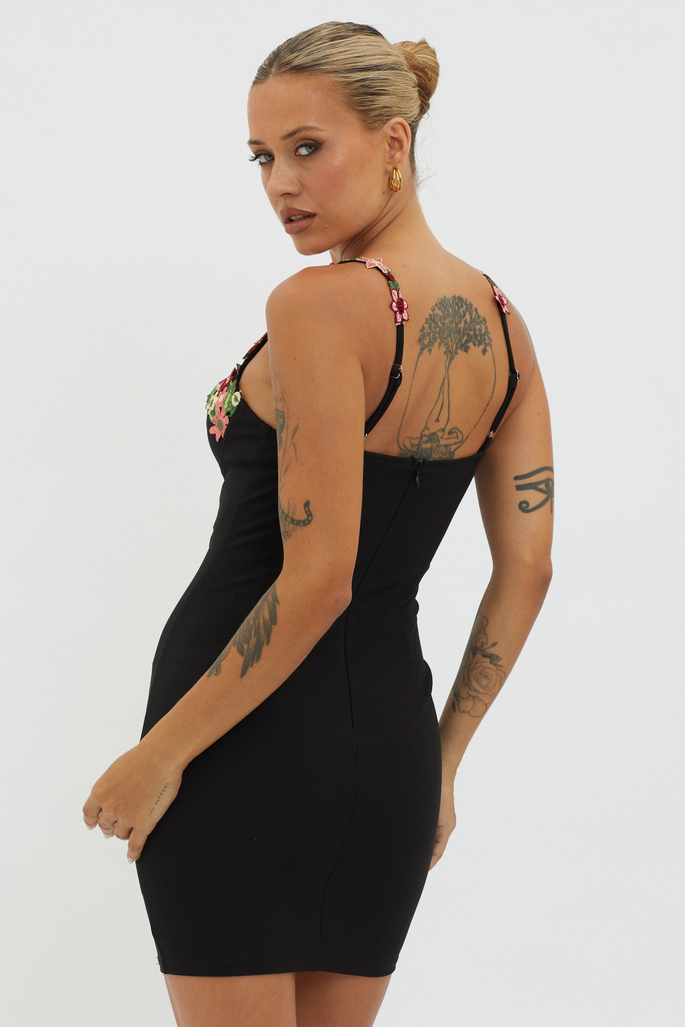 Rose Garden Floral Applique Bodycon Mini Dress Black by Selfie Leslie Australia