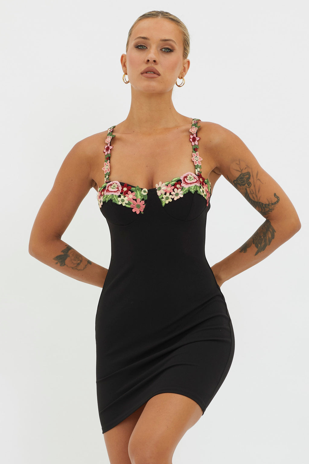 Rose Garden Floral Applique Bodycon Mini Dress Black by Selfie Leslie Australia