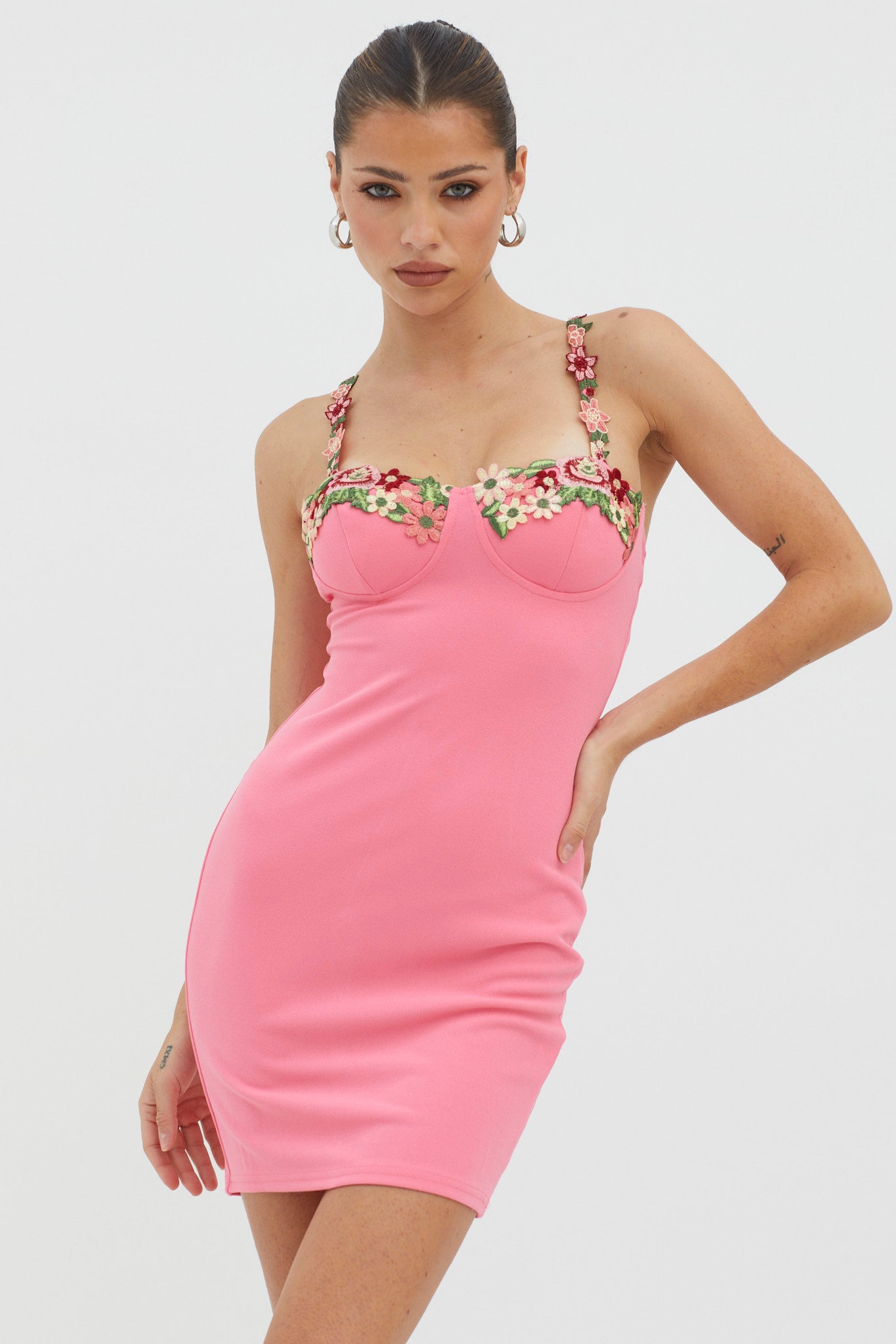 Rose Garden Floral Applique Bodycon Mini Dress Hot Pink | Selfie