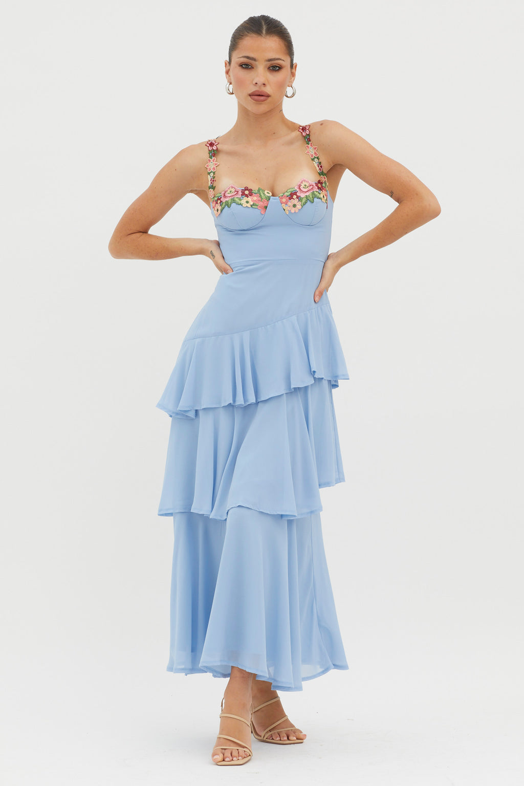 Rose Garden Tiered Ruffle Floral Trim Dress Blue by Selfie Leslie Australia