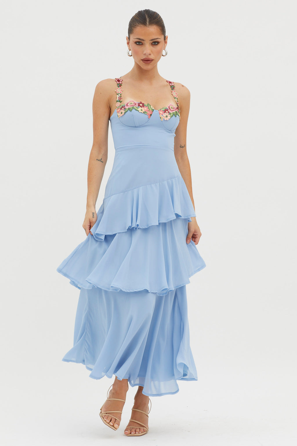 Rose Garden Tiered Ruffle Floral Trim Dress Blue by Selfie Leslie Australia