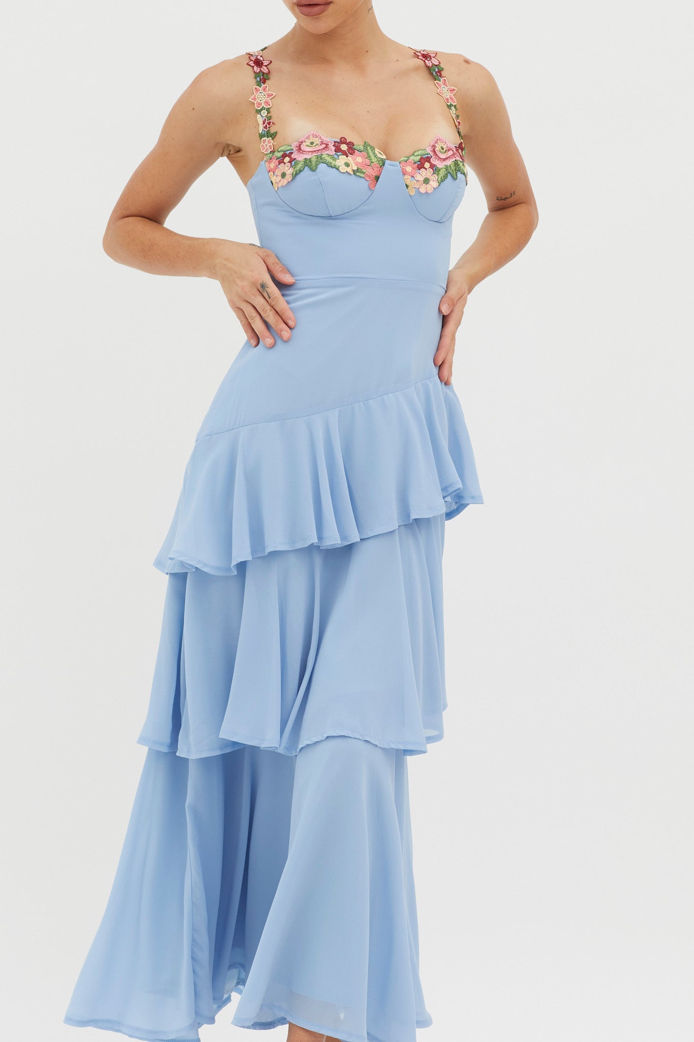 Rose Garden Tiered Ruffle Floral Trim Dress Blue by Selfie Leslie Australia