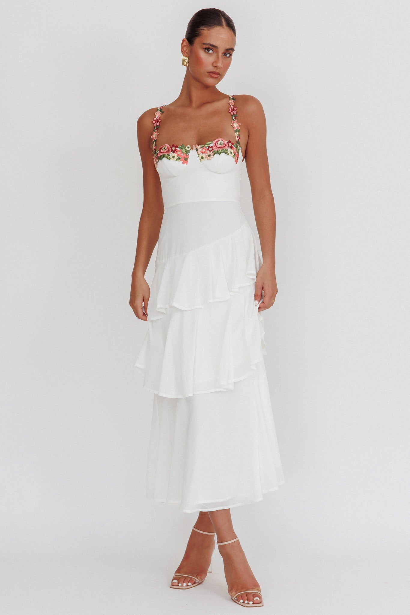 Rose Garden Tiered Ruffle Floral Trim Maxi Dress White by Selfie Leslie Australia