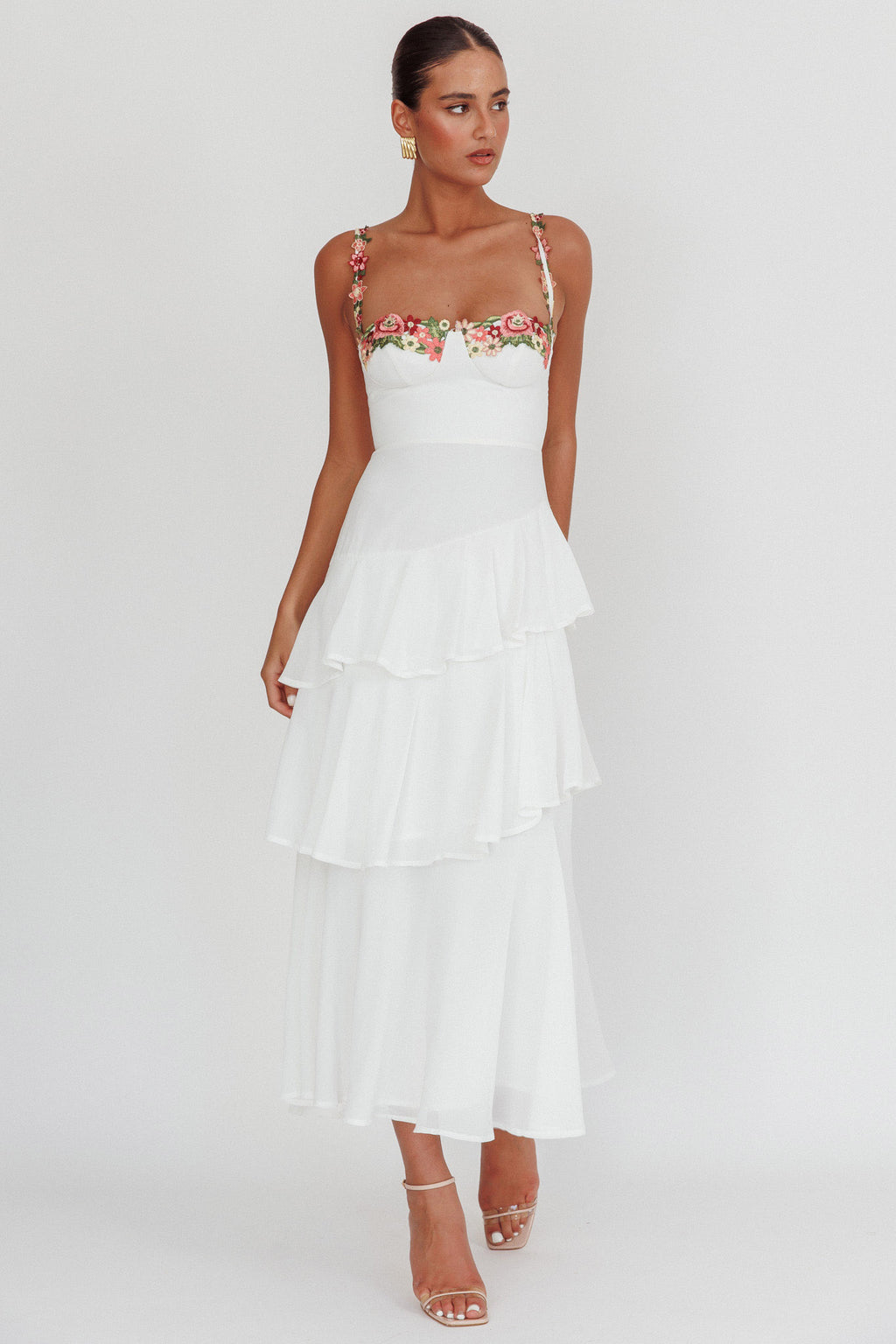 Rose Garden Tiered Ruffle Floral Trim Maxi Dress White by Selfie Leslie Australia