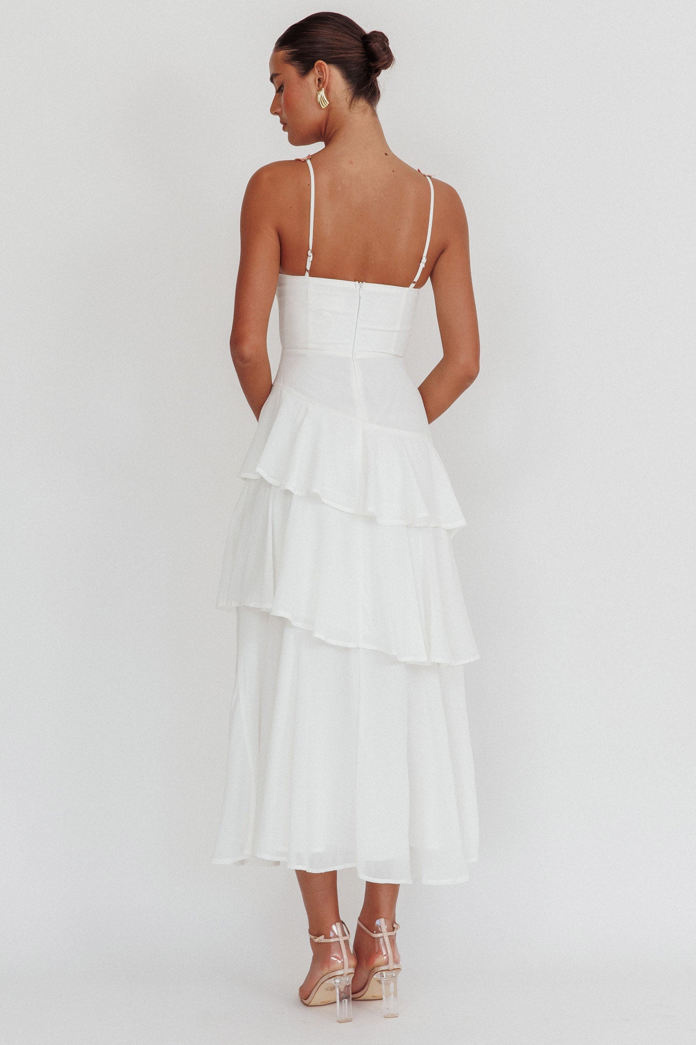 Rose Garden Tiered Ruffle Floral Trim Maxi Dress White by Selfie Leslie Australia