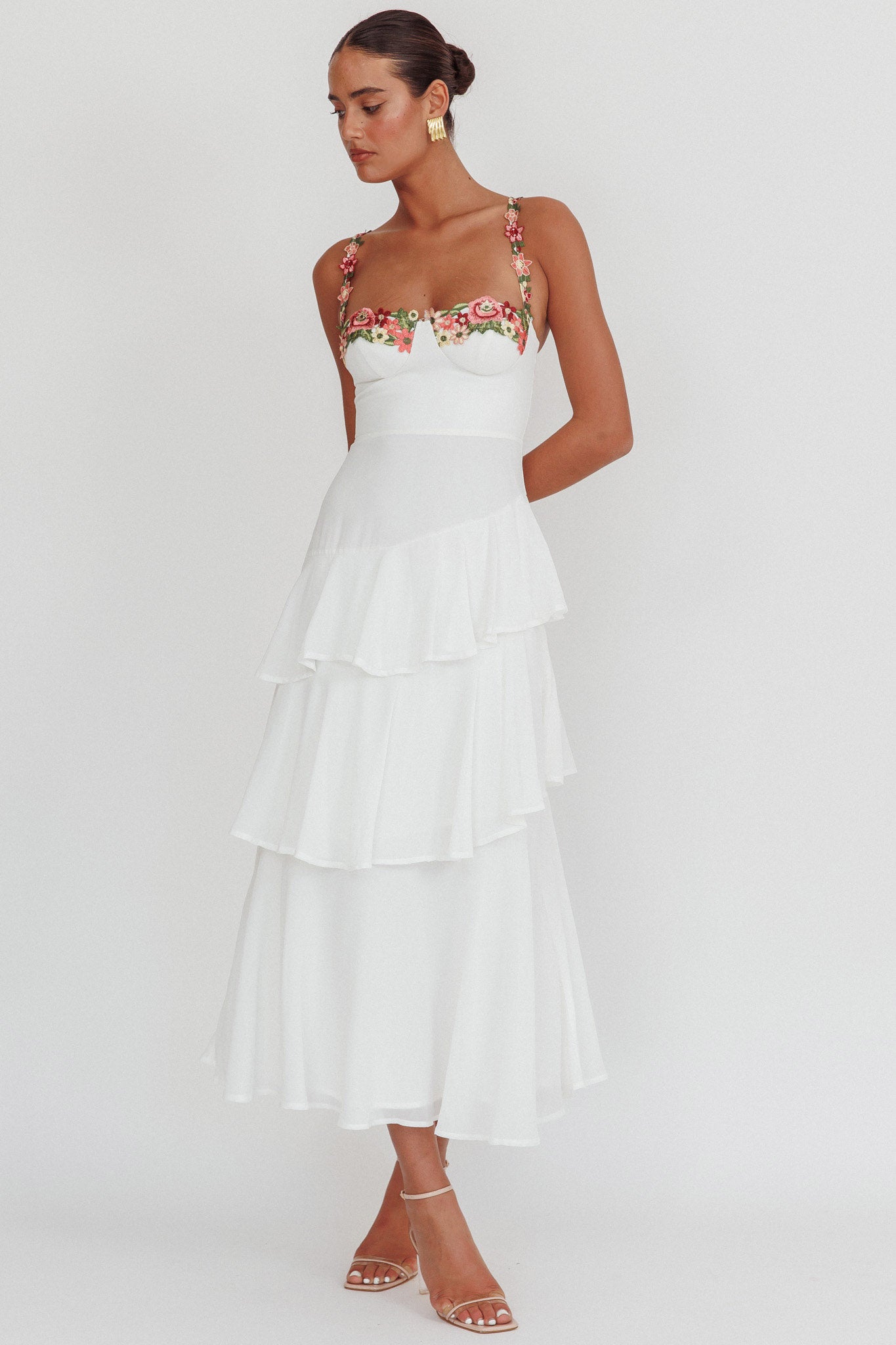 Rose Garden Tiered Ruffle Floral Trim Maxi Dress White by Selfie Leslie Australia