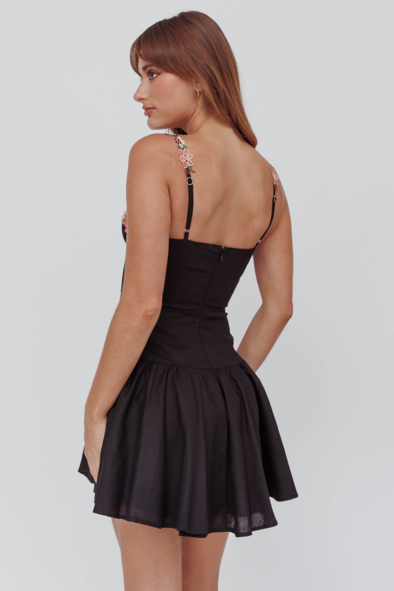 Rose Garden Flounce Mini Dress Black by Selfie Leslie Australia