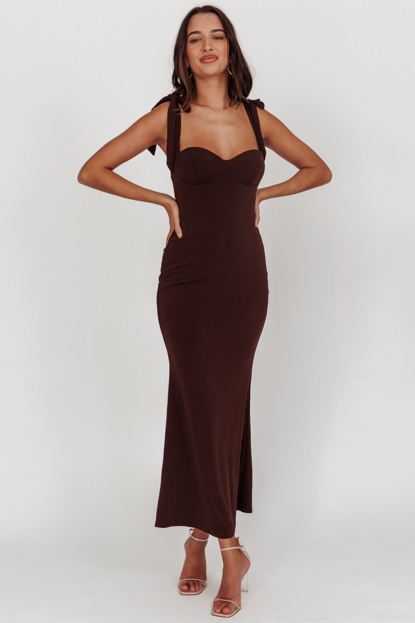 Rose Garden Tied Shoulder Maxi Dress Brown by Selfie Leslie Australia