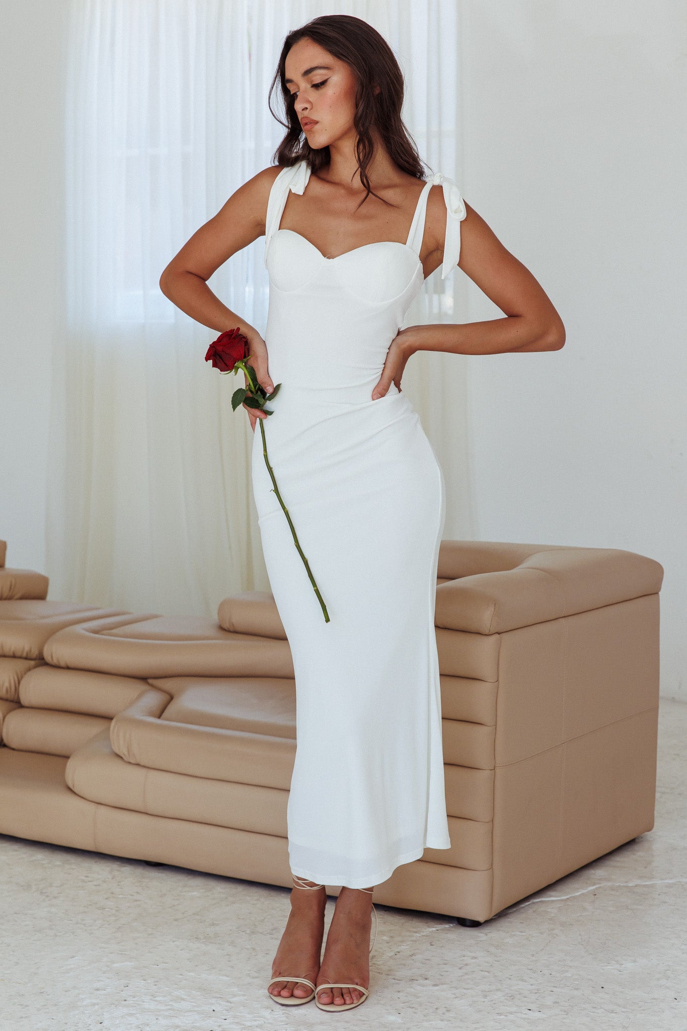 Rose Garden Tied Shoulder Midi Dress White by Selfie Leslie Australia