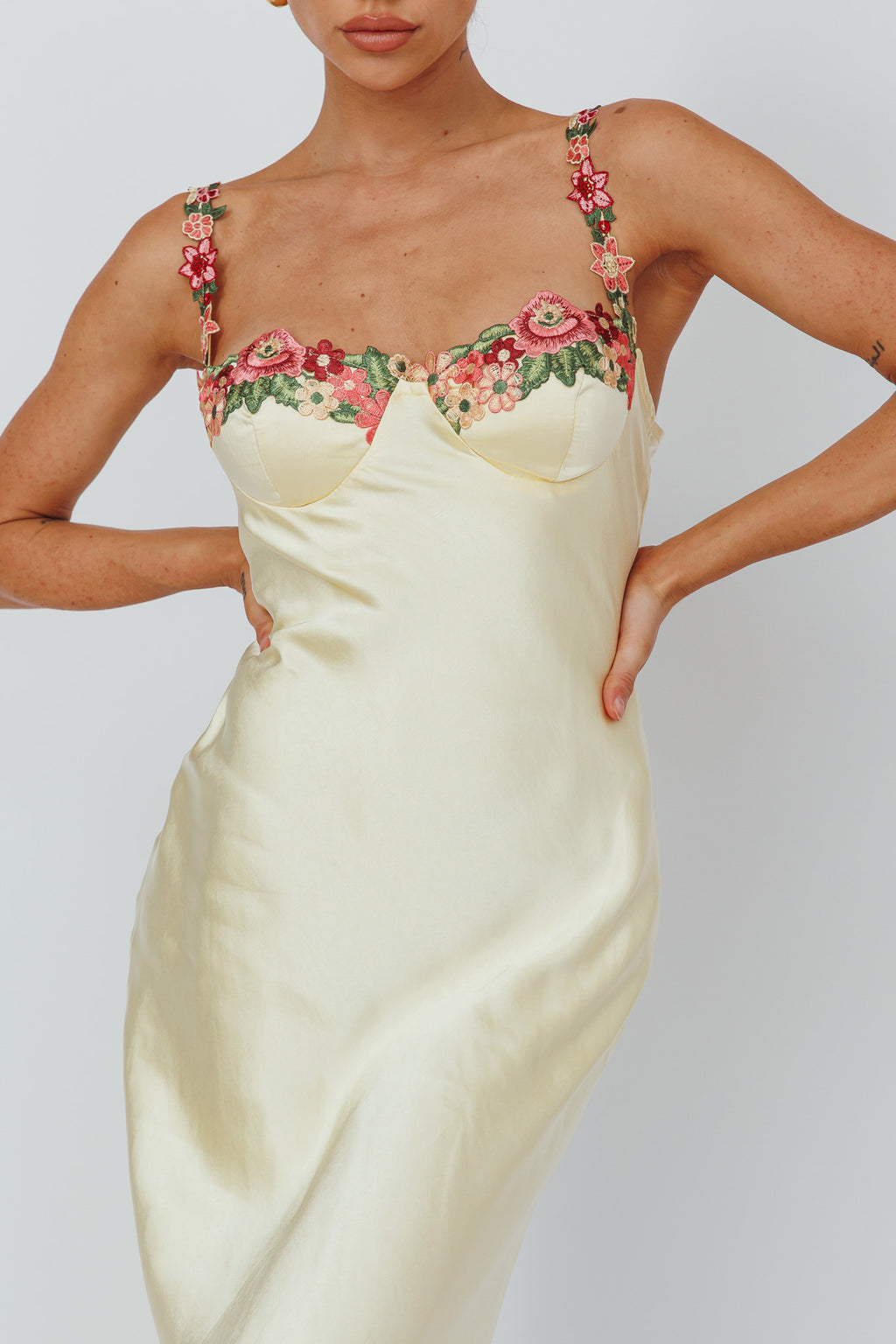 Rose Garden Floral Applique Midi Dress Yellow by Selfie Leslie Australia
