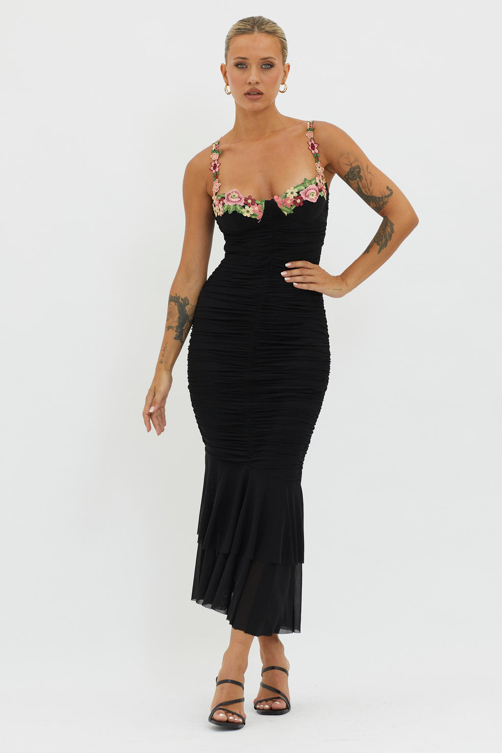 Rose Garden Ruched Mesh Midi Dress Black by Selfie Leslie Australia