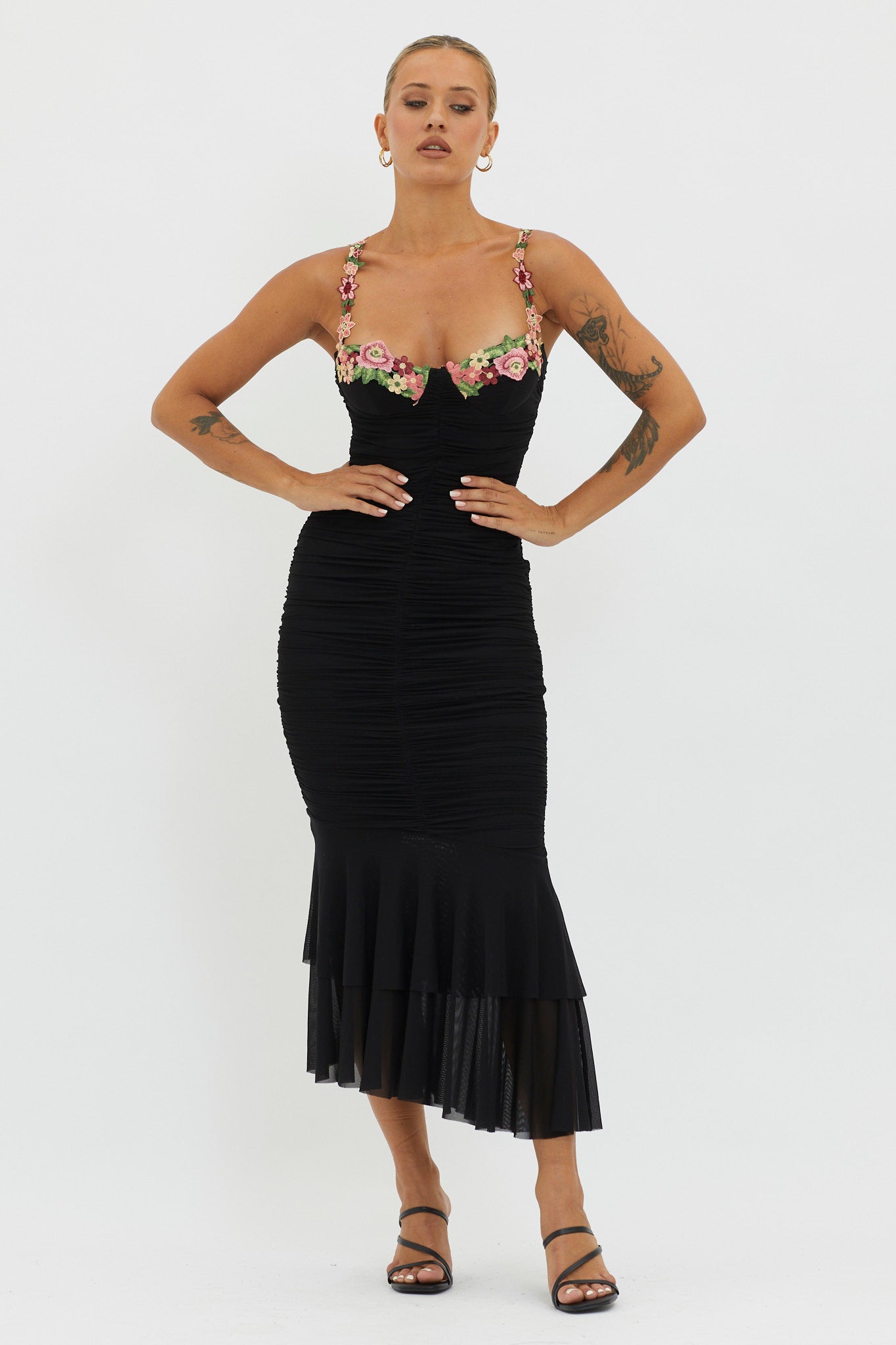 Rose Garden Ruched Mesh Midi Dress Black by Selfie Leslie Australia