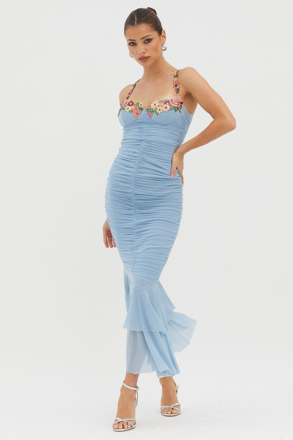 Rose Garden Ruched Mesh Midi Dress Blue by Selfie Leslie Australia