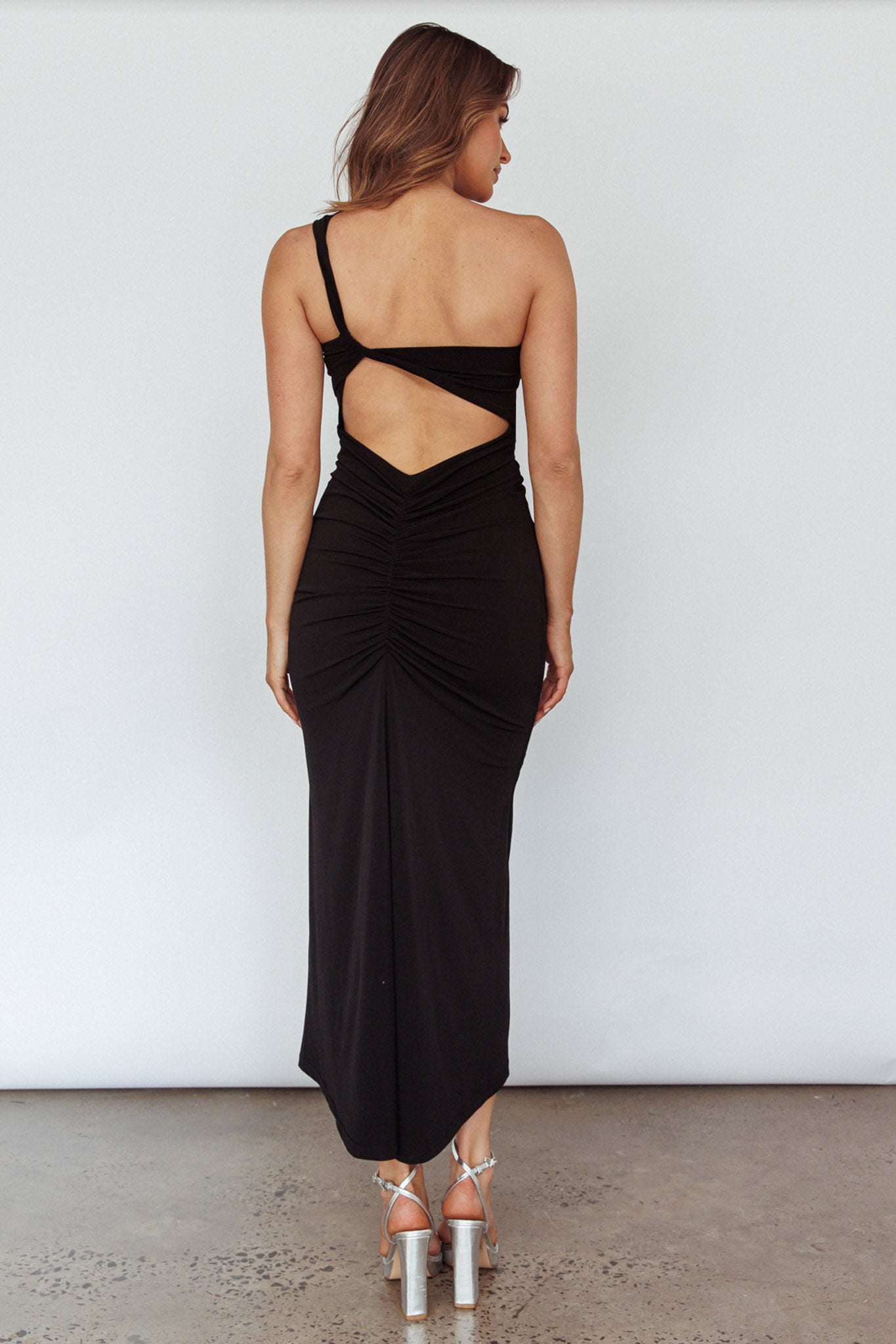 Trinny One-Shoulder Ruched Back Midi Dress Black by Selfie Leslie Australia