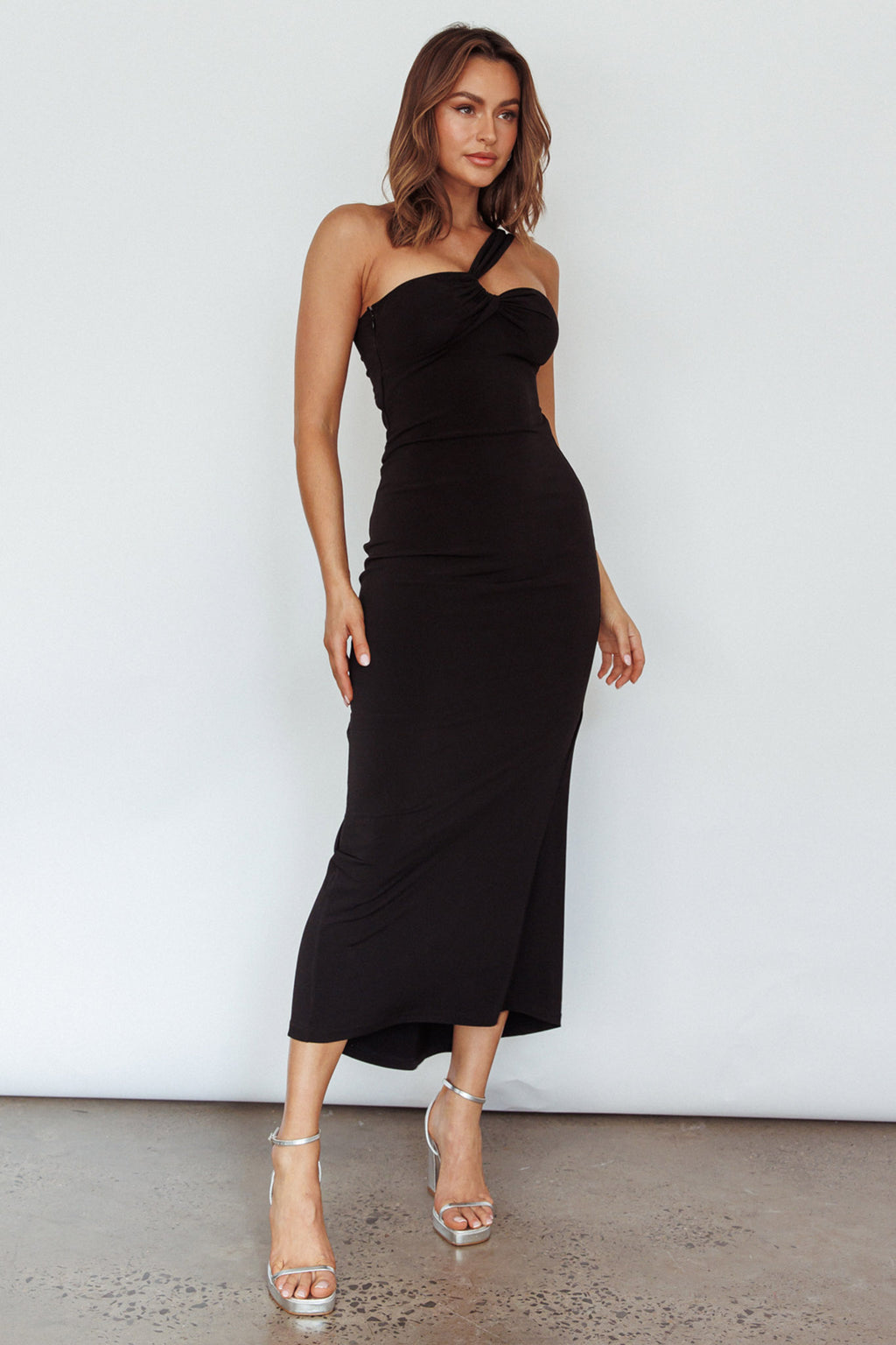 Trinny One-Shoulder Ruched Back Midi Dress Black by Selfie Leslie Australia