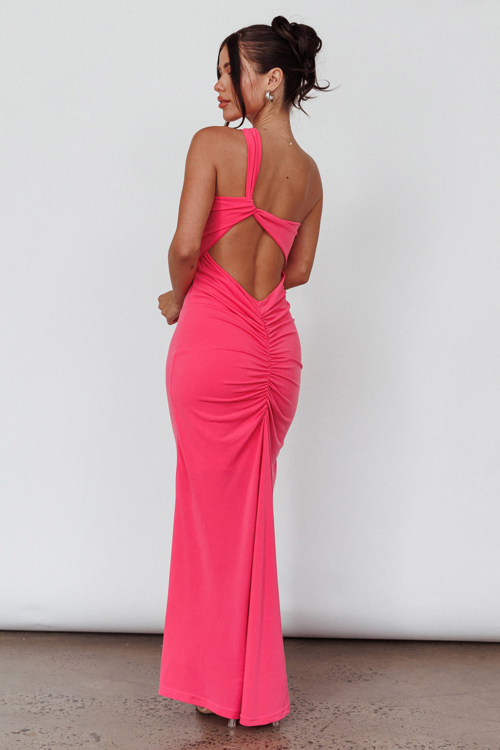Trinny One-Shoulder Ruched Back Midi Dress Hot Pink by Selfie Leslie Australia