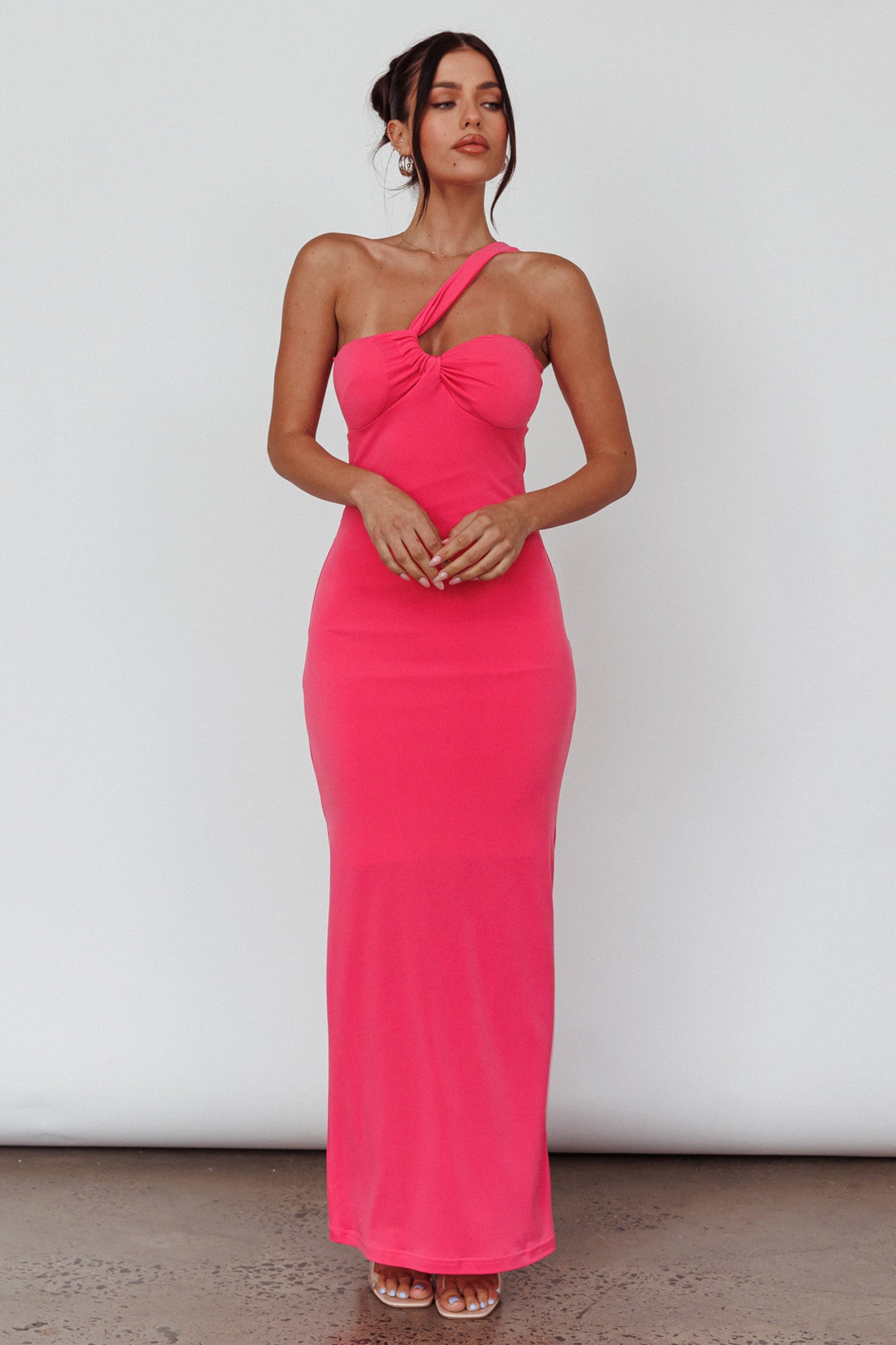 Trinny One-Shoulder Ruched Back Midi Dress Hot Pink by Selfie Leslie Australia