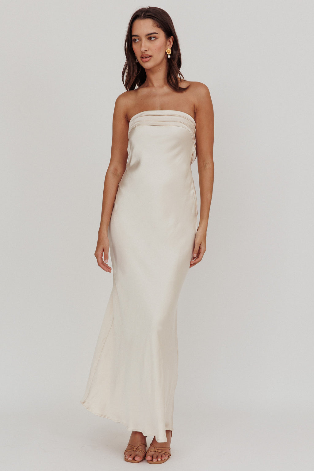 Kona Strapless Pleated Bust Satin Maxi Dress Champagne by Selfie Leslie Australia