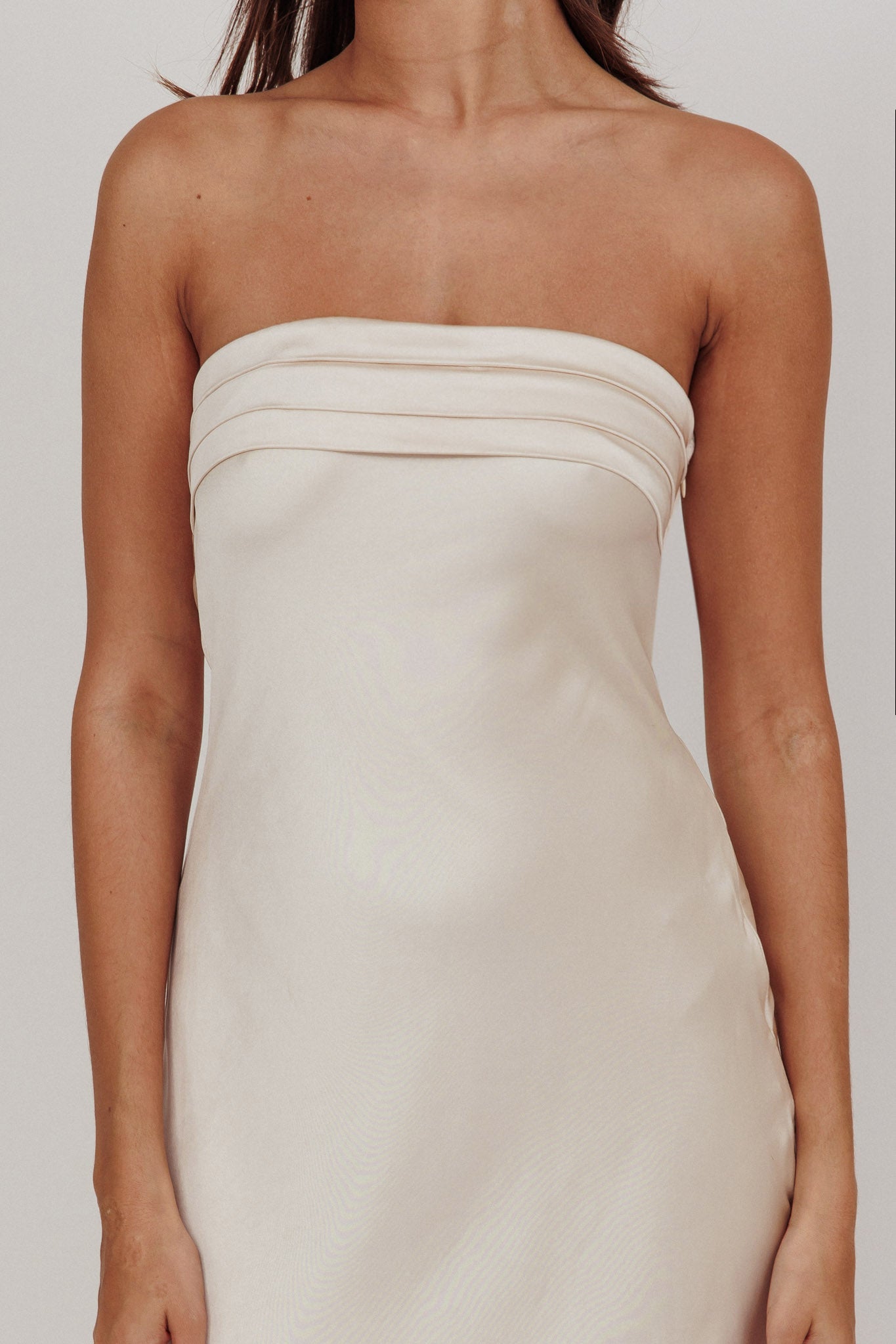 Kona Strapless Pleated Bust Satin Maxi Dress Champagne by Selfie Leslie Australia