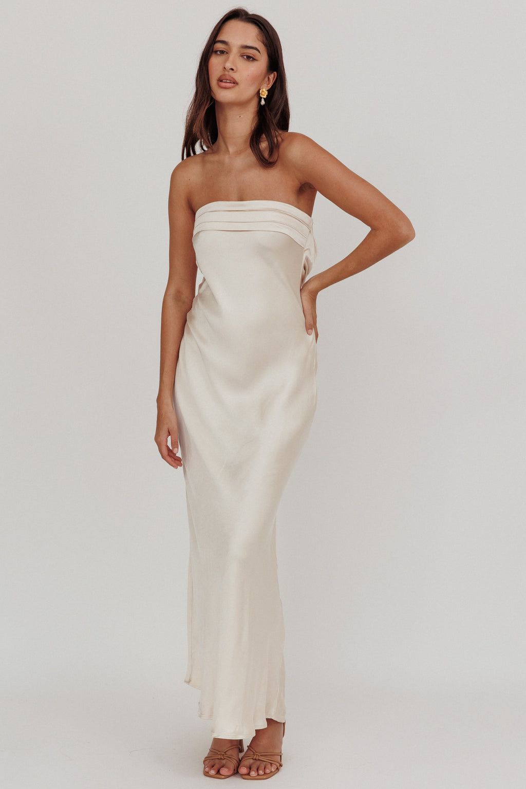 Kona Strapless Pleated Bust Satin Maxi Dress Champagne by Selfie Leslie Australia