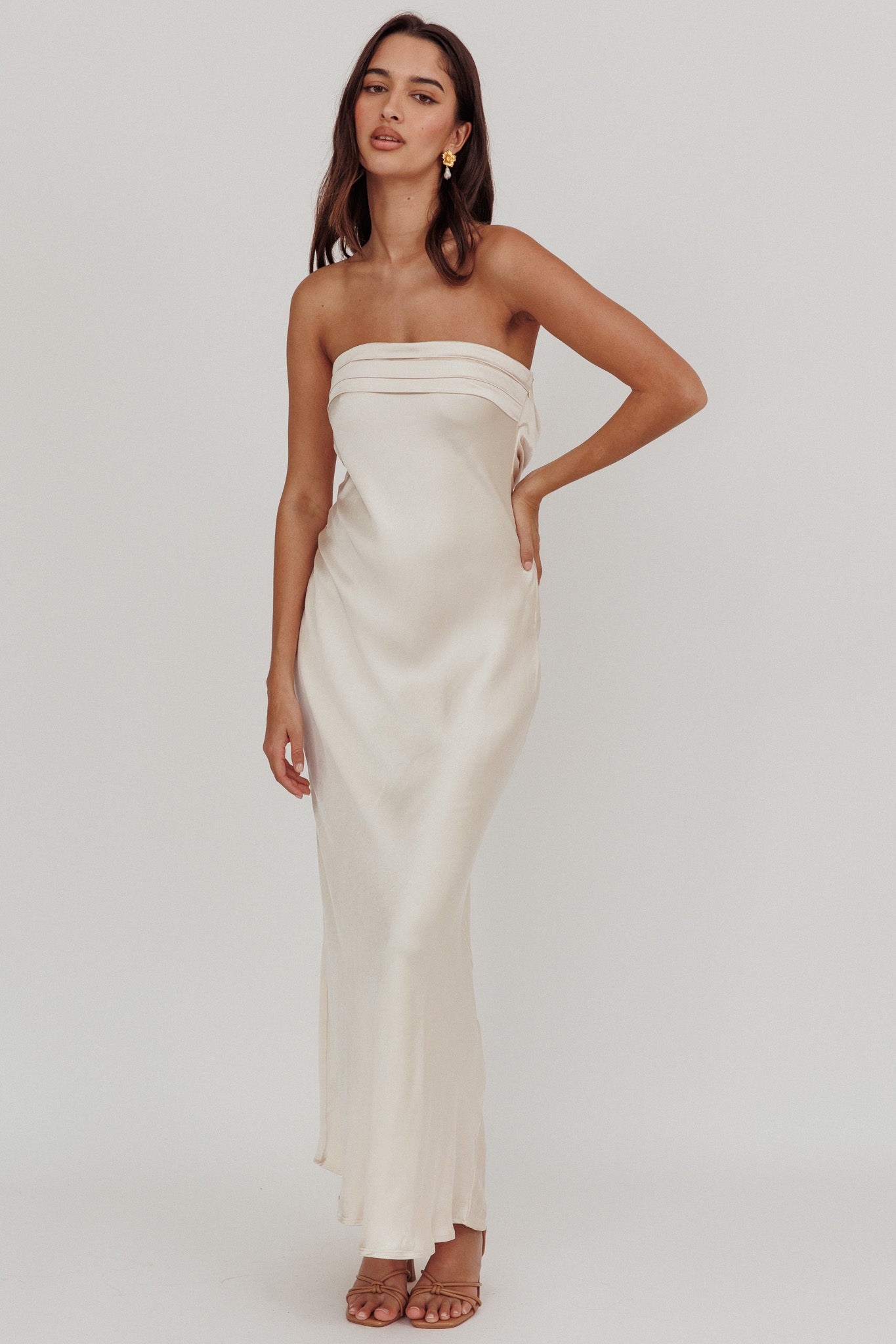 Kona Strapless Pleated Bust Satin Maxi Dress Champagne by Selfie Leslie Australia