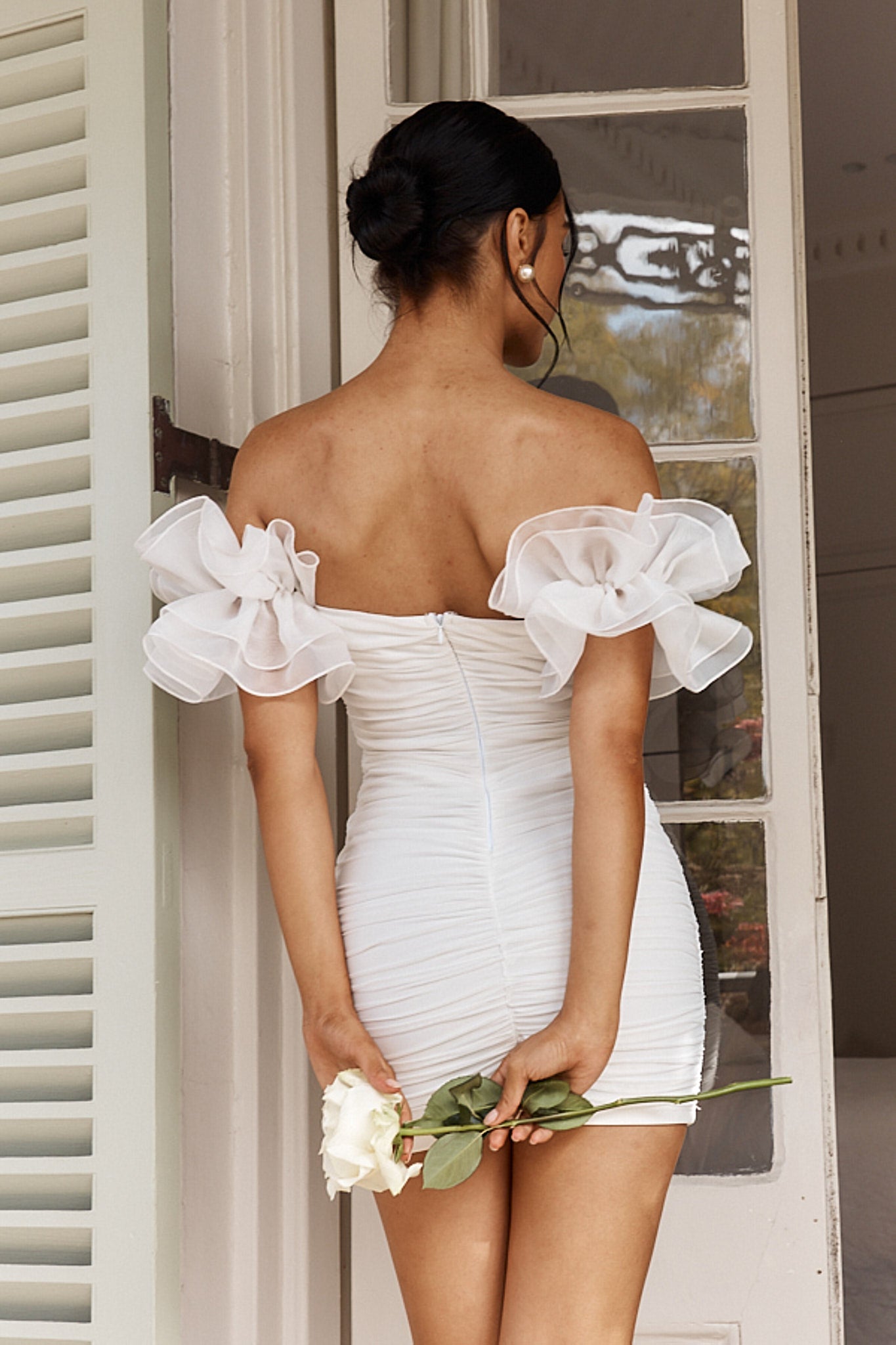 off the shoulder dress australia Star Dust Off-Shoulder Frill Sleeve Mini Dress White