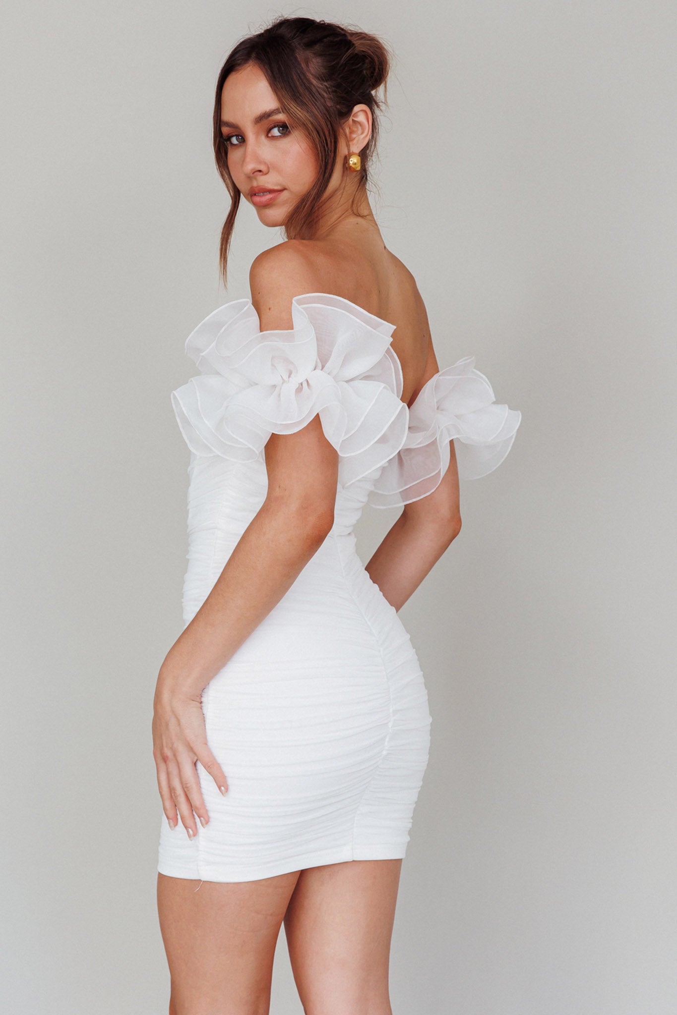Star Dust Off-Shoulder Frill Sleeve Mini Dress White by Selfie Leslie Australia