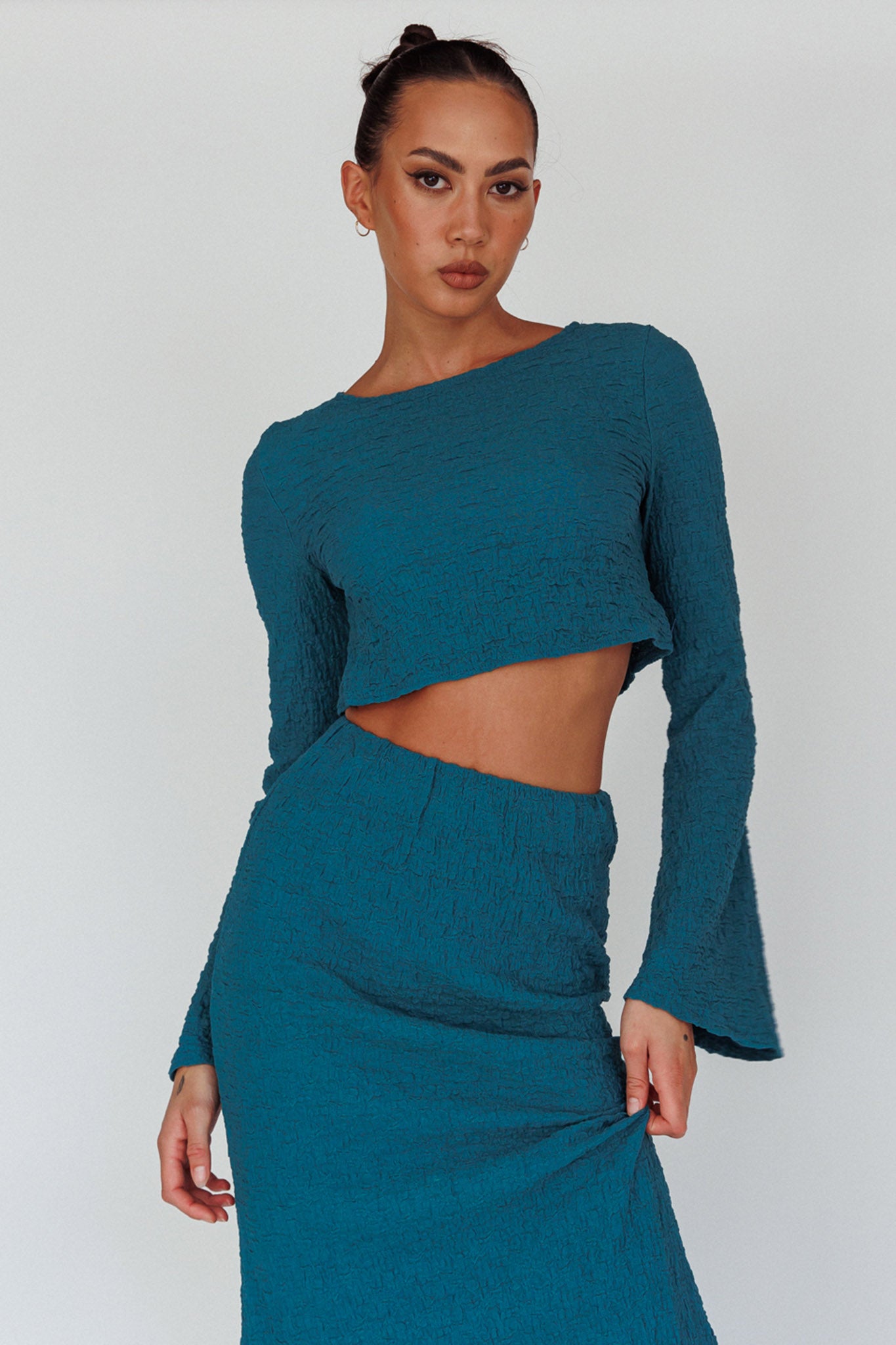 Treasures Flared Cuff Crop Top Teal by Selfie Leslie Australia