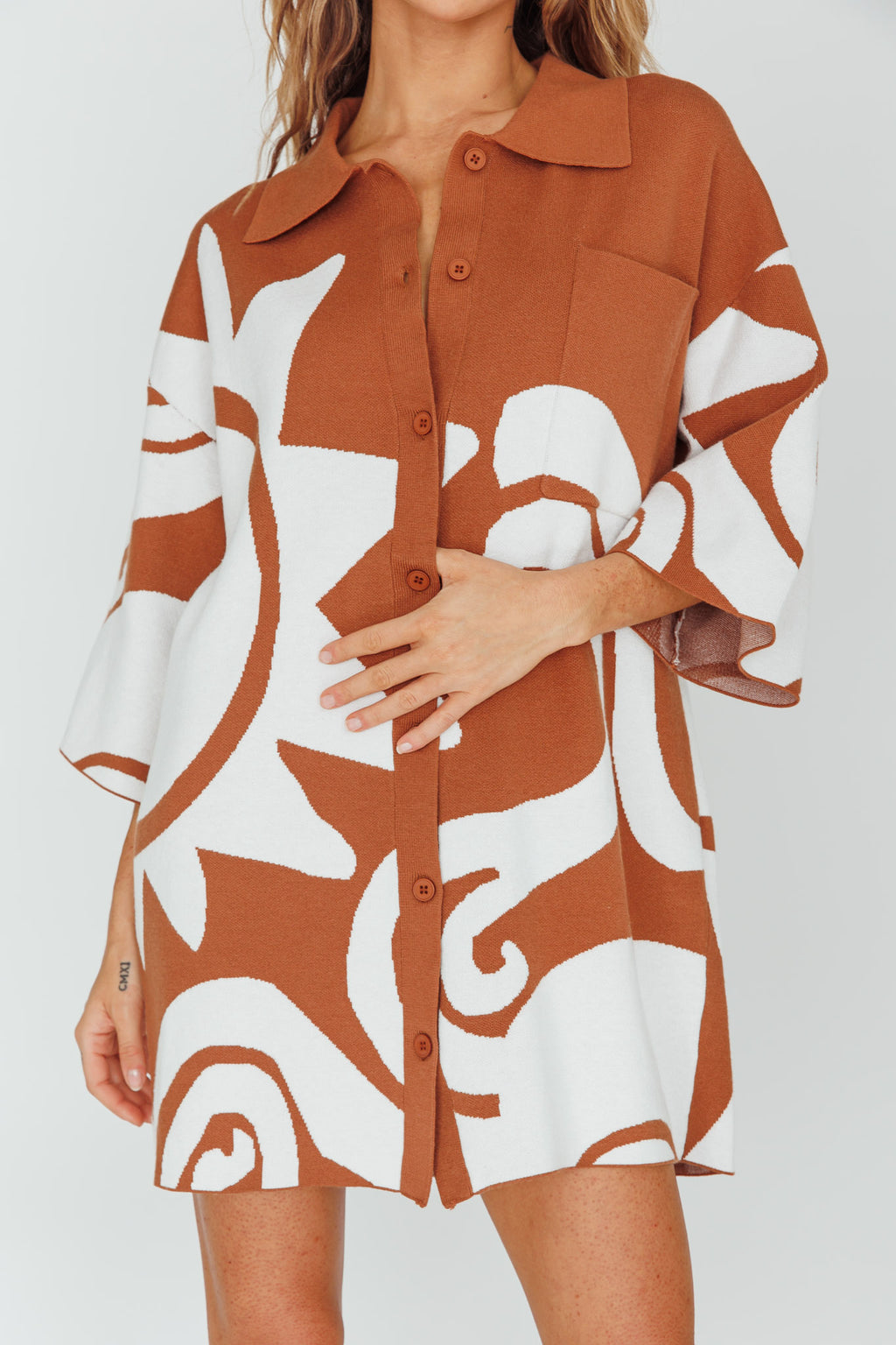Nalani Button Up Knit Shirt Dress Chocolate/Beige by Selfie Leslie Australia