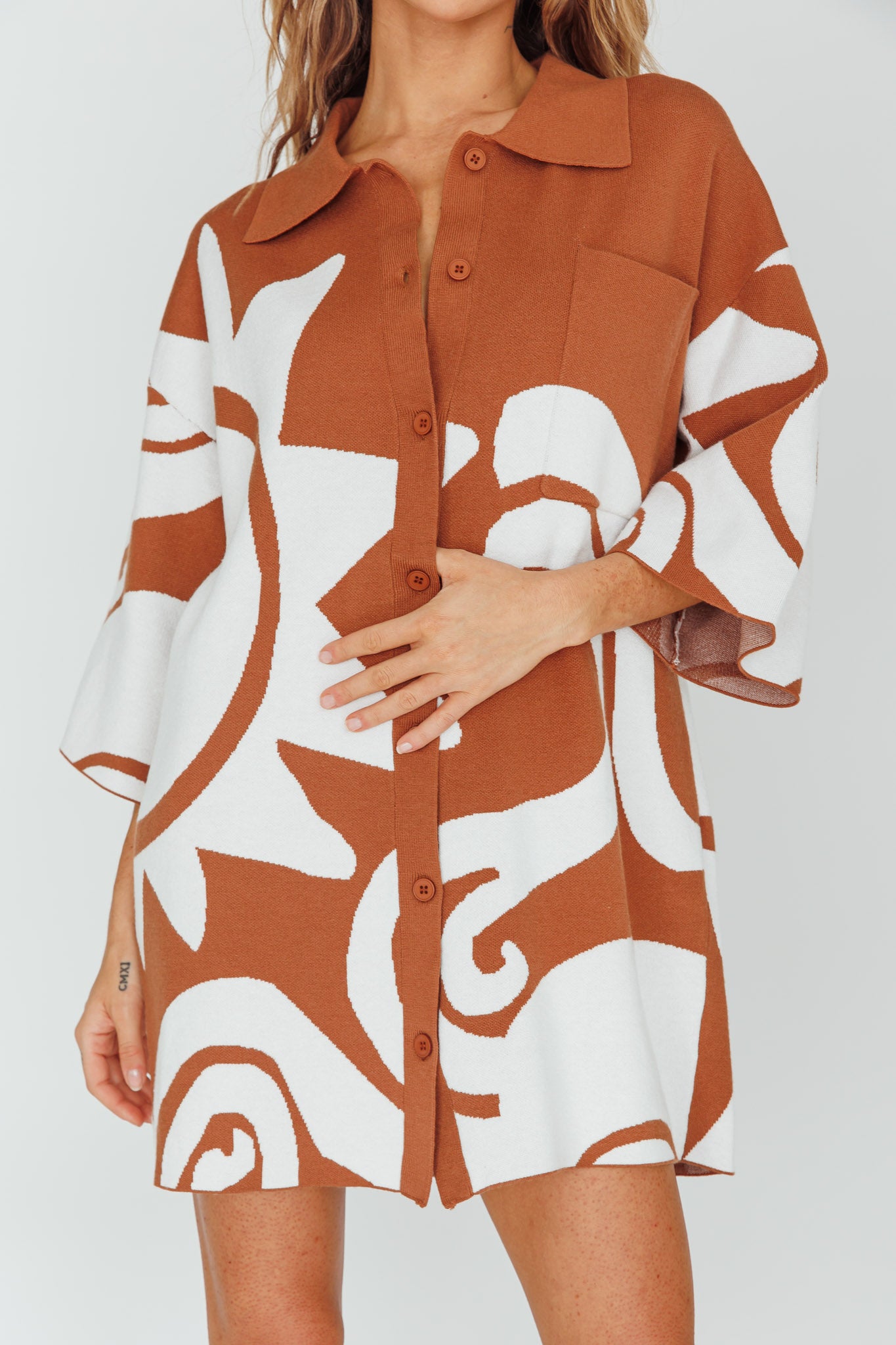 Nalani Button Up Knit Shirt Dress Chocolate/Beige by Selfie Leslie Australia