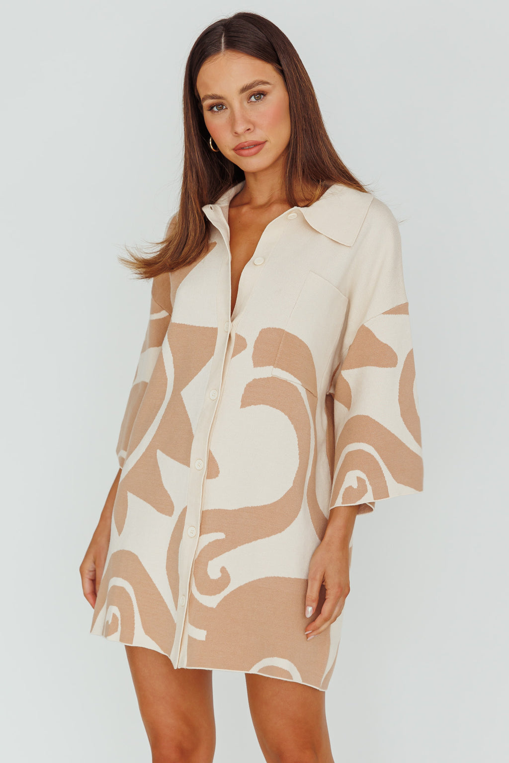 Nalani Button Up Knit Shirt Dress Sand/Wood by Selfie Leslie Australia