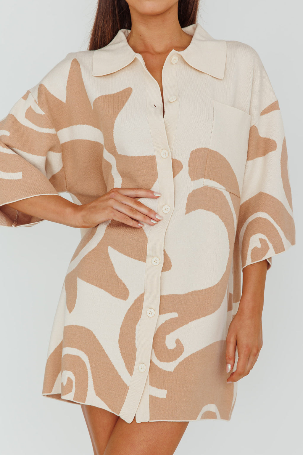 Nalani Button Up Knit Shirt Dress Sand/Wood by Selfie Leslie Australia