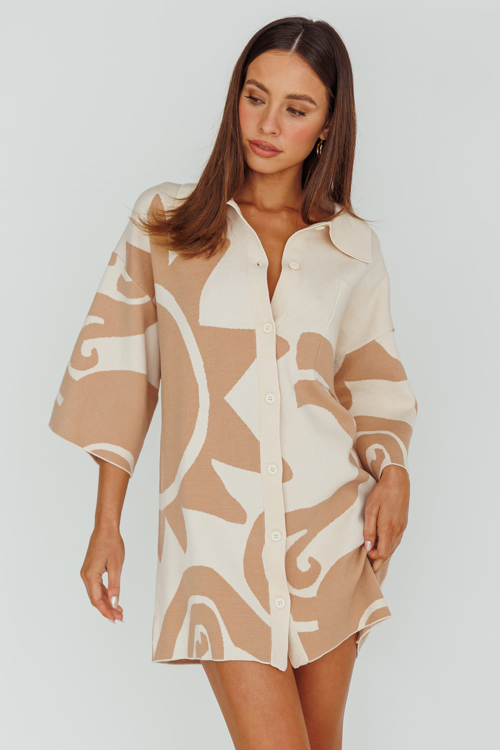 Nalani Button Up Knit Shirt Dress Sand/Wood by Selfie Leslie Australia