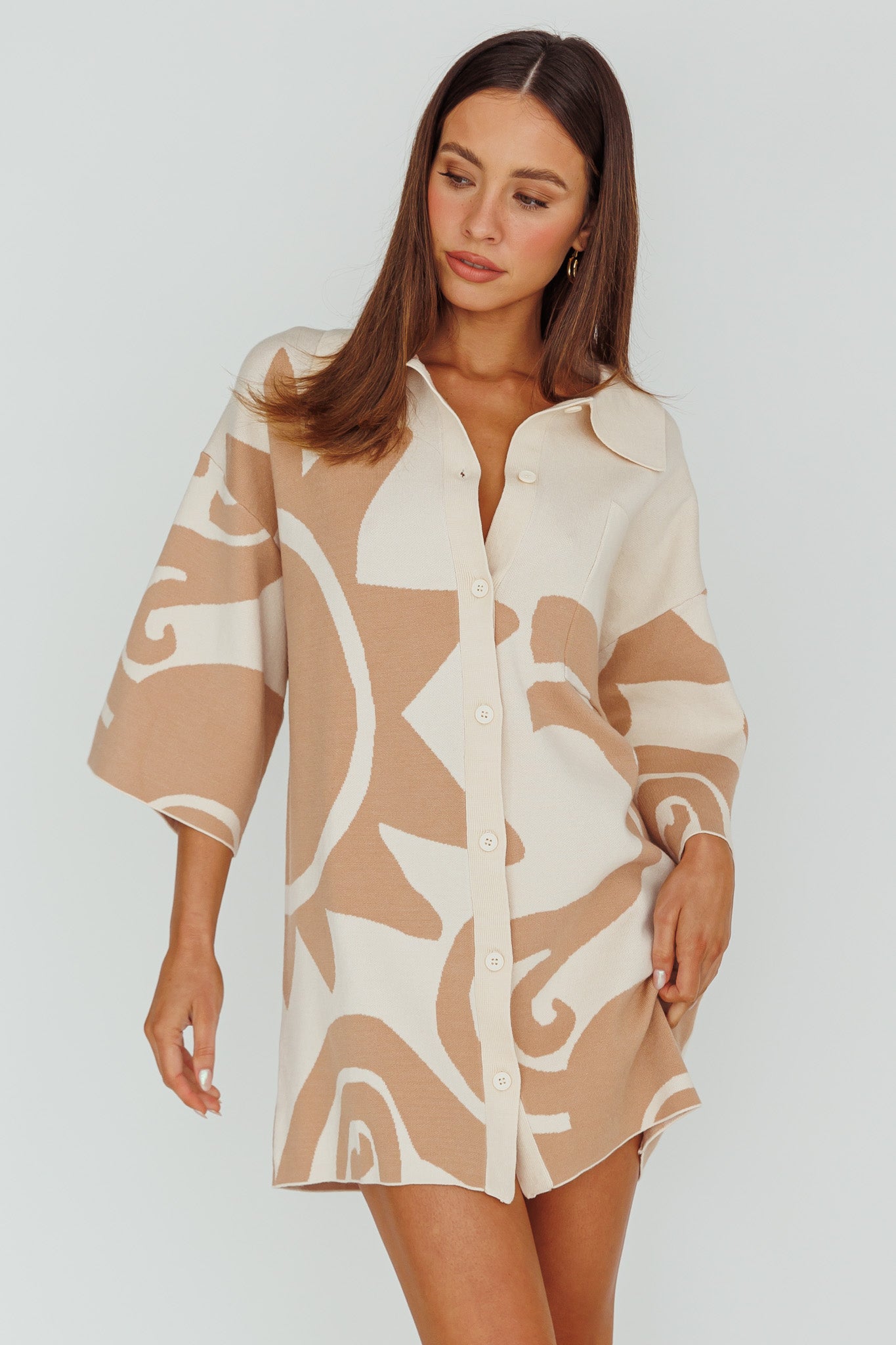 Nalani Button Up Knit Shirt Dress Sand/Wood by Selfie Leslie Australia
