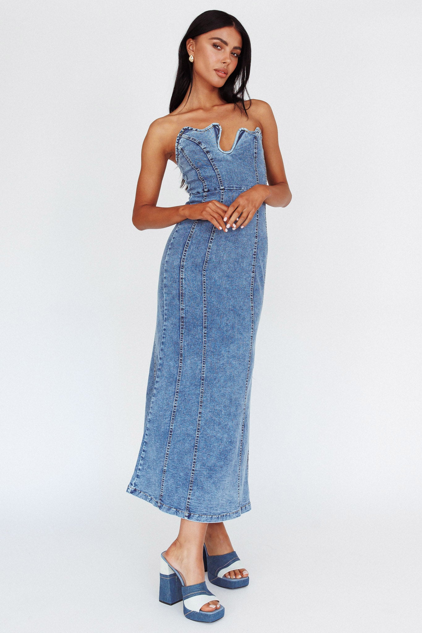 Horizon Strapless Wavy Neckline Midi Denim Blue by Selfie Leslie Australia