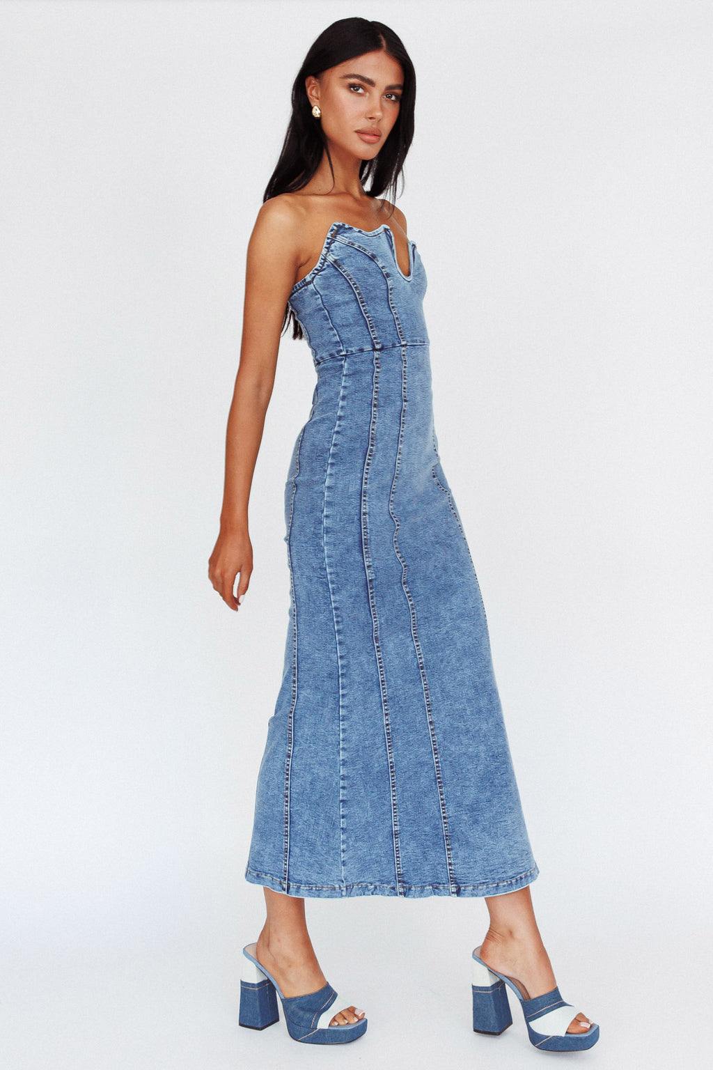 Horizon Strapless Wavy Neckline Midi Denim Blue by Selfie Leslie Australia